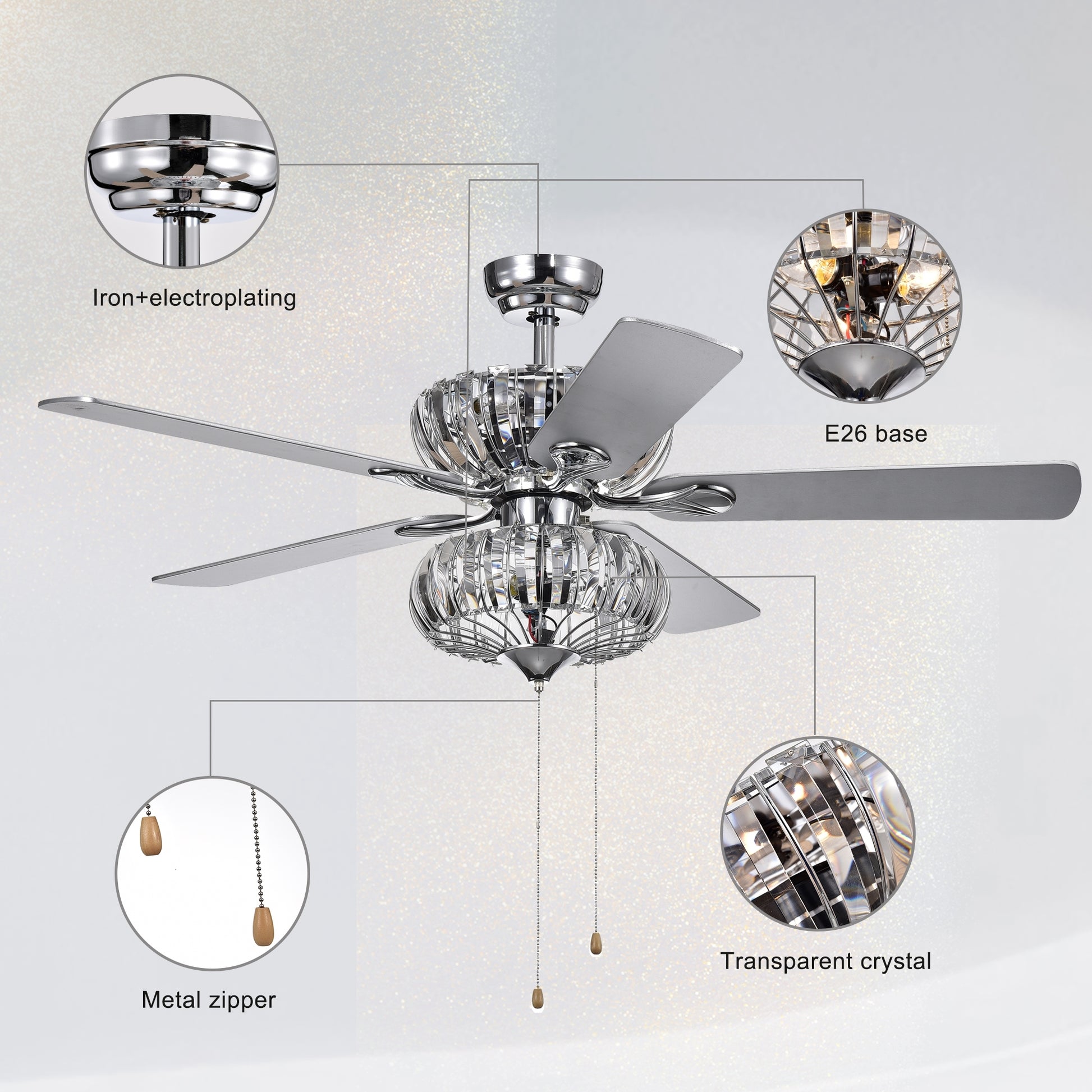 52 Inch Crystal Chandelier Fan Dual Finish Reversible Blades,Dual Shade Fandelier For Living Room, Dining Room, Bedroom, Family Room, Chrome Hand Pull Chain Chrome American Traditional,Antique,Classic,Contemporary Crystal Metal