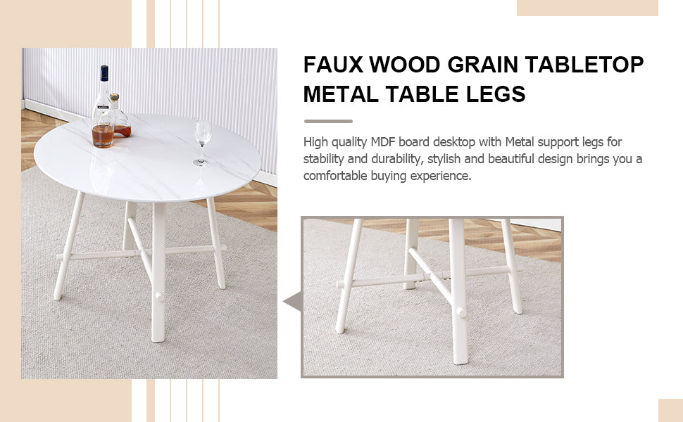 Table And Chair Set, Mdf Desktop, White Metal Table Legs, Stable And Beautiful, Suitable For Most Styles Of Home. Modern Simple Dining Table, Comfortable Seating. White Seats 4 Mdf