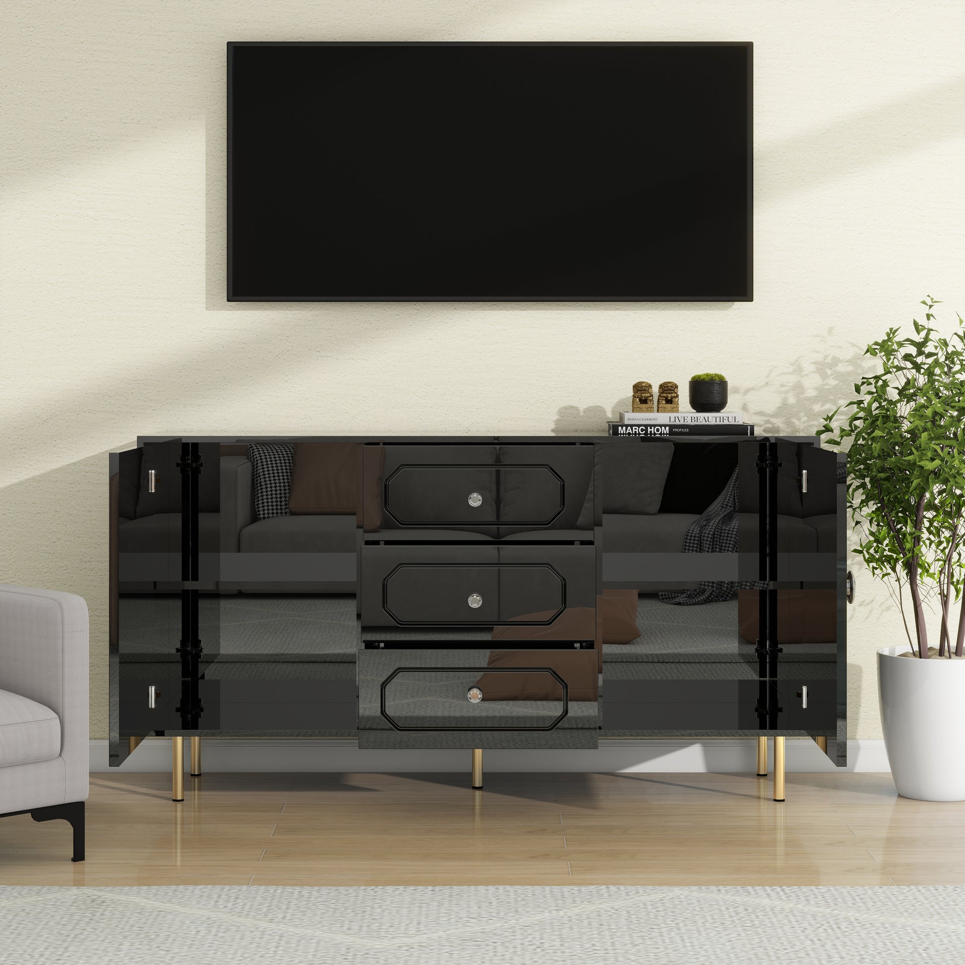 59" 2 Door 3 Drawers Wood Black High Gloss Finish Sideboard Black Dining Room Minimalist,Modern Soft Close Doors Mdf