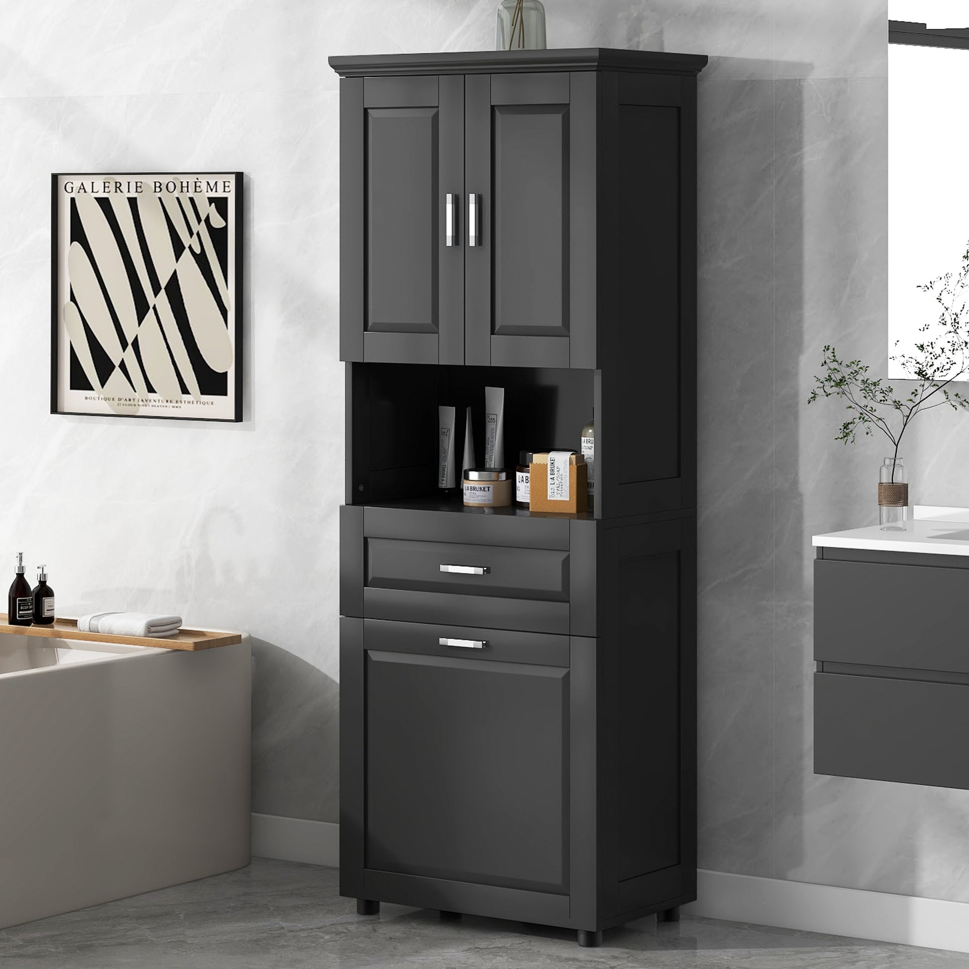 Tall Bathroom Cabinet With Laundry Basket, Large Storage Space Tilt Out Laundry Hamper And Upper Storage Cabinet, Black Black Mdf