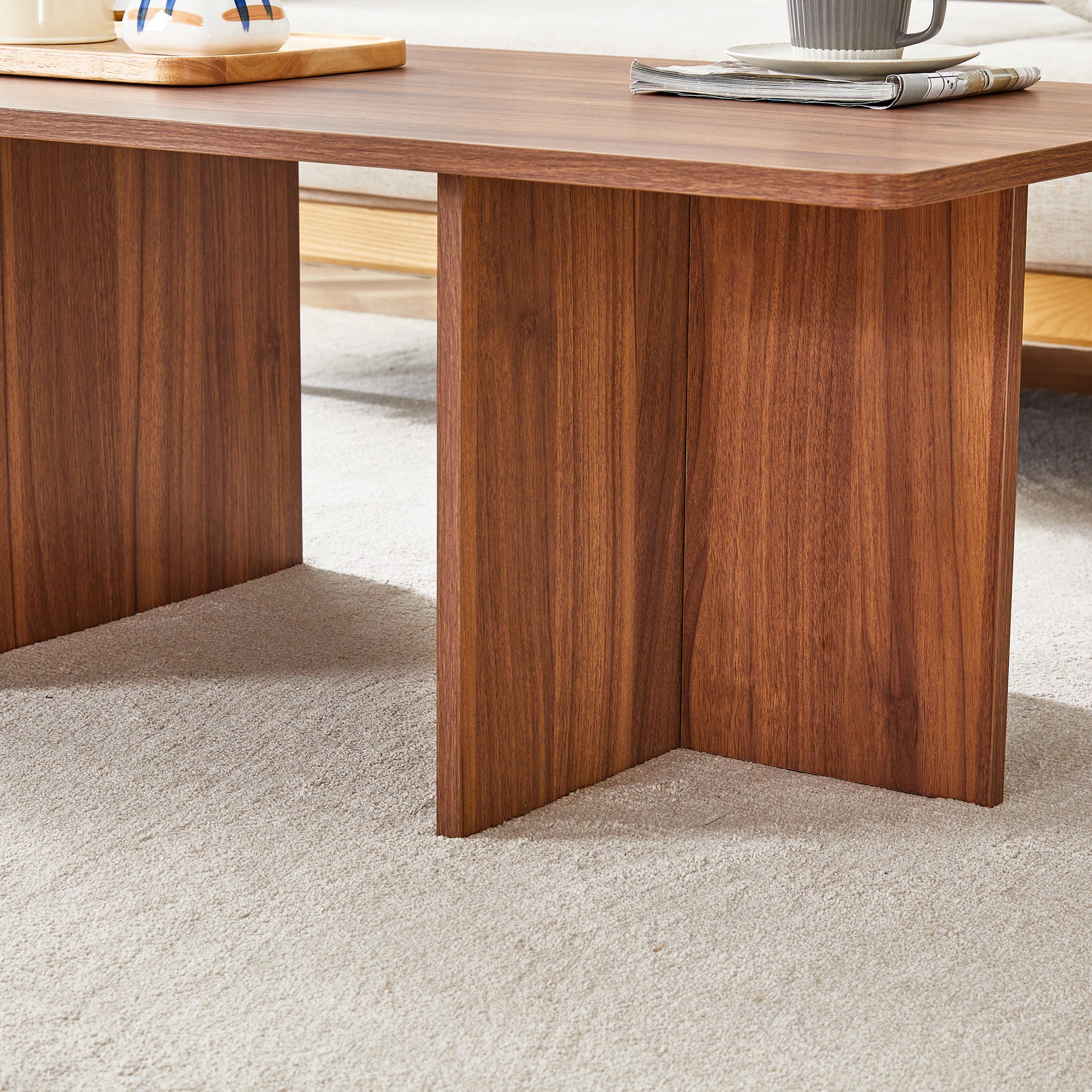 44.8 Inch Walnut Wood Grain Mdf Coffee Table Modern Luxury, Stable Triangular Support.The Coffee Table Is Made Of Medium Density Fiberboard Material And Is Suitable For Living Rooms, Bedrooms,Etc.