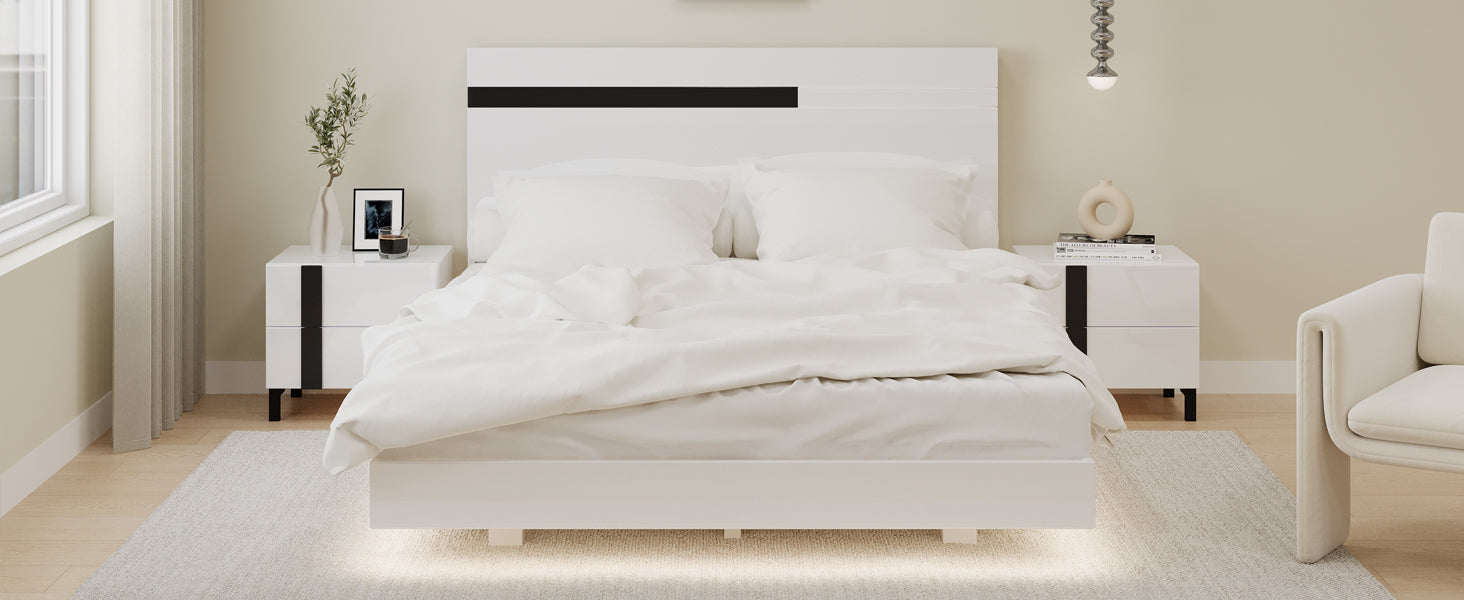 Modern High Gloss 3 Piece Bedroom Set Floating Bed Frame Queen Size Platform Bed With Led Light & 2 Nightstands, White Box Spring Not Required Queen White Wood 3 Piece Set Solid Wood Mdf