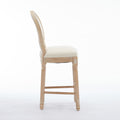 Solid Wood Bar Stools Set Of 2, Classic French Country Wooden Barstools With Upholstered Seating Beige Fabric Wood Fabric