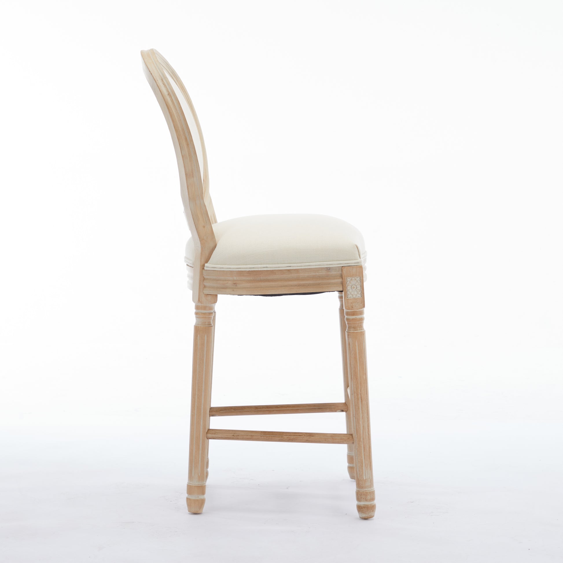 Solid Wood Bar Stools Set Of 2, Classic French Country Wooden Barstools With Upholstered Seating Beige Fabric Wood Fabric