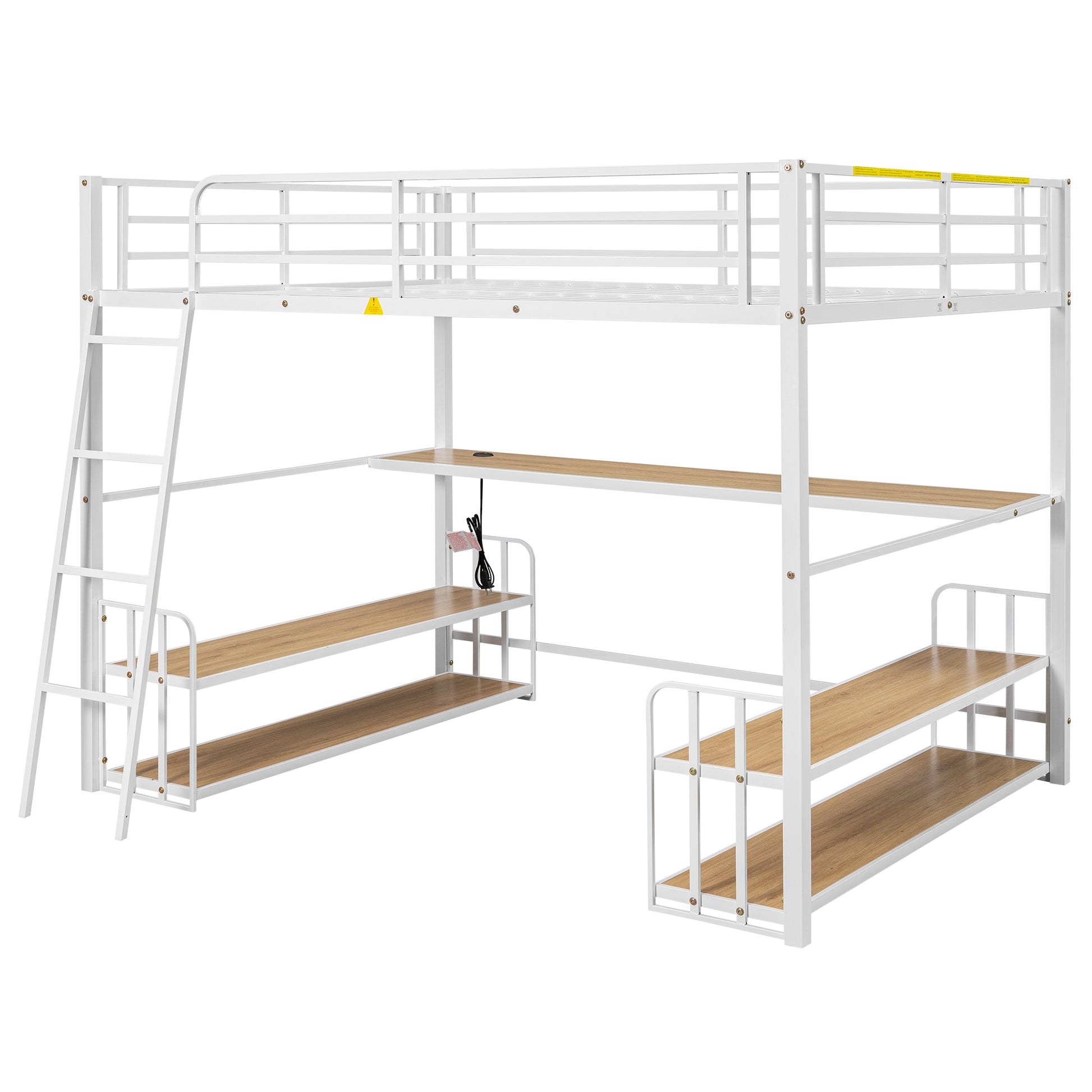 Full Size Metal Loft Bed With Desk, Storage Shelves And Charging Station, White Box Spring Not Required Full White Metal Mdf Metal