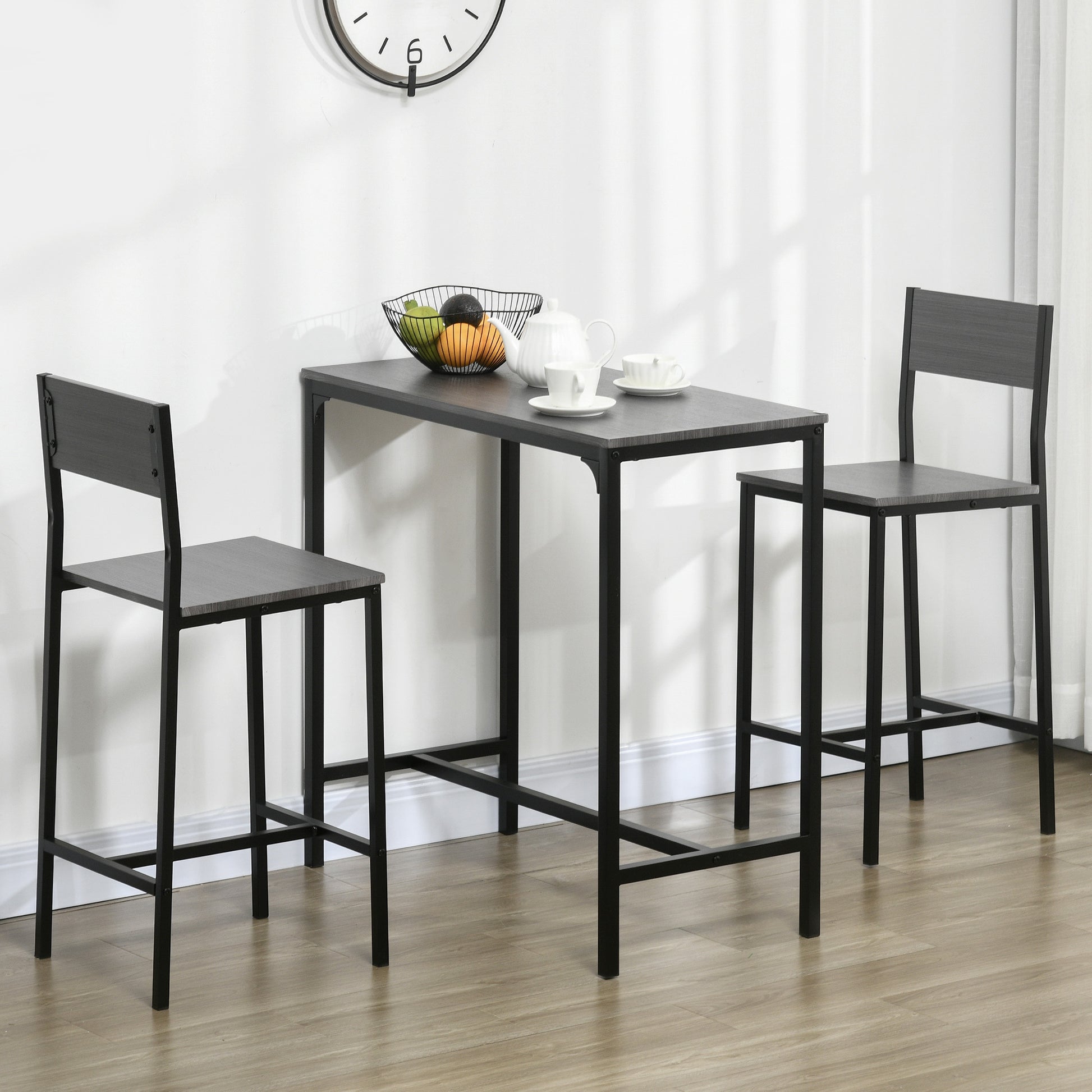 Homcom 3 Piece Bar Table And Chairs, Industrial Dining Table Set For 2, Counter Height Kitchen Table With Bar Stools, Breakfast Table Set For 2 For Small Space, Gray Grey Mdf