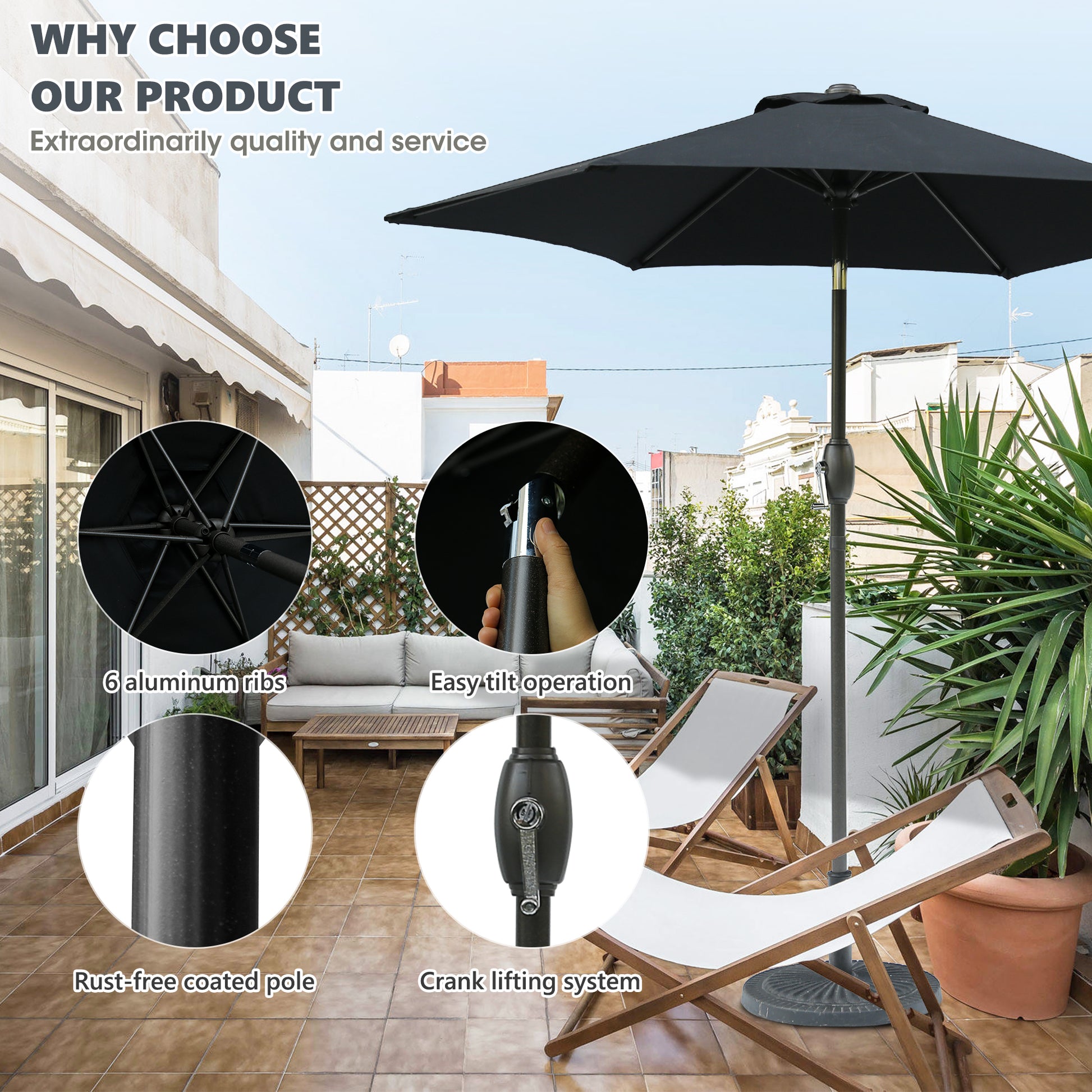 7.5Ft * 7.5Ft Patio Umbrella With Crank And Push Button Tilt, Outdoor Table Market Umbrella With Aluminum Pole Black Black Polyester