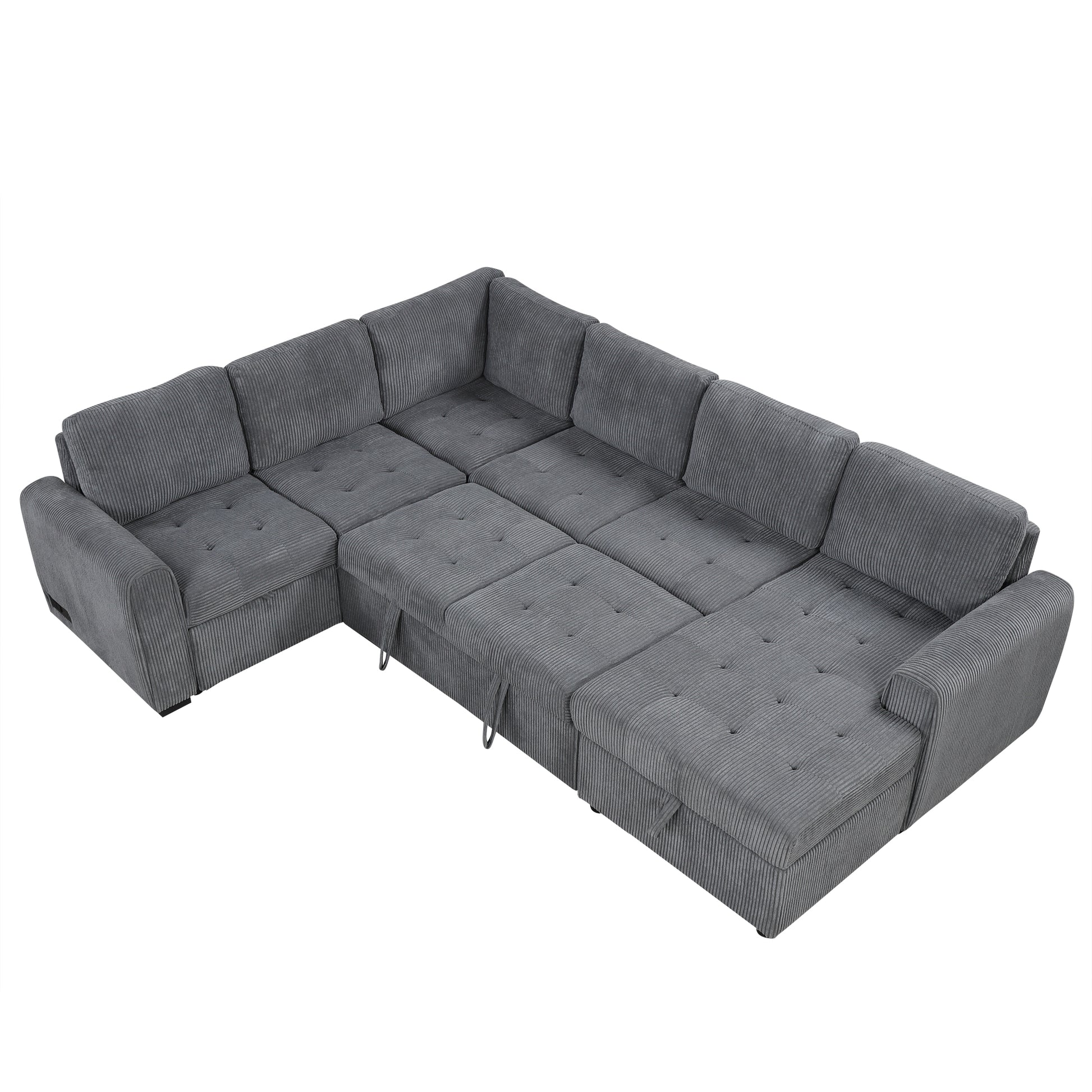 107.5" U Shaped Sofa Sectional Sofa Pull Out Sofa Bed With A Storage Chaise Lounge, Charging Devices For Living Room, Gray Gray Foam Corduroy 5 Seat