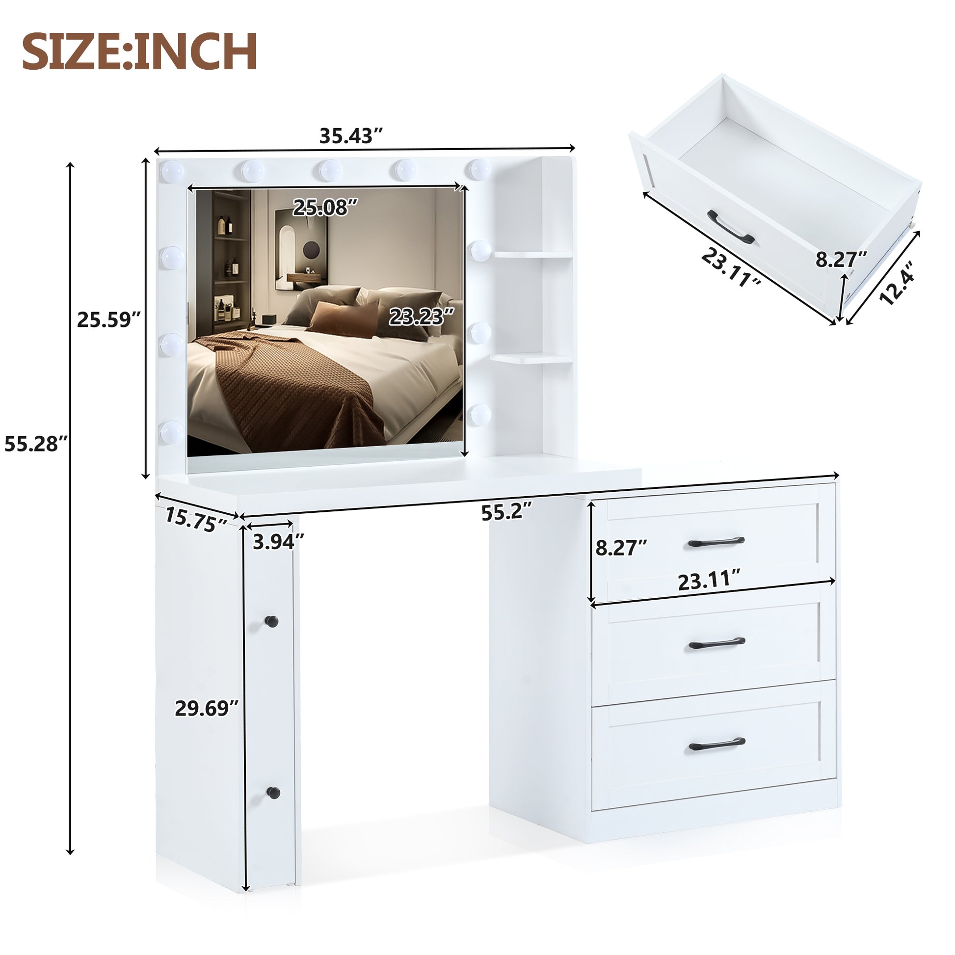 55.2" Vanity Desk With Freely Adjustable Side Cabinet, Makeup Vanity With Hollywood Lights, 5 Storage Drawers & 2 Shelves, Modern Dressing Table, White White Mdf,Tempered Glass