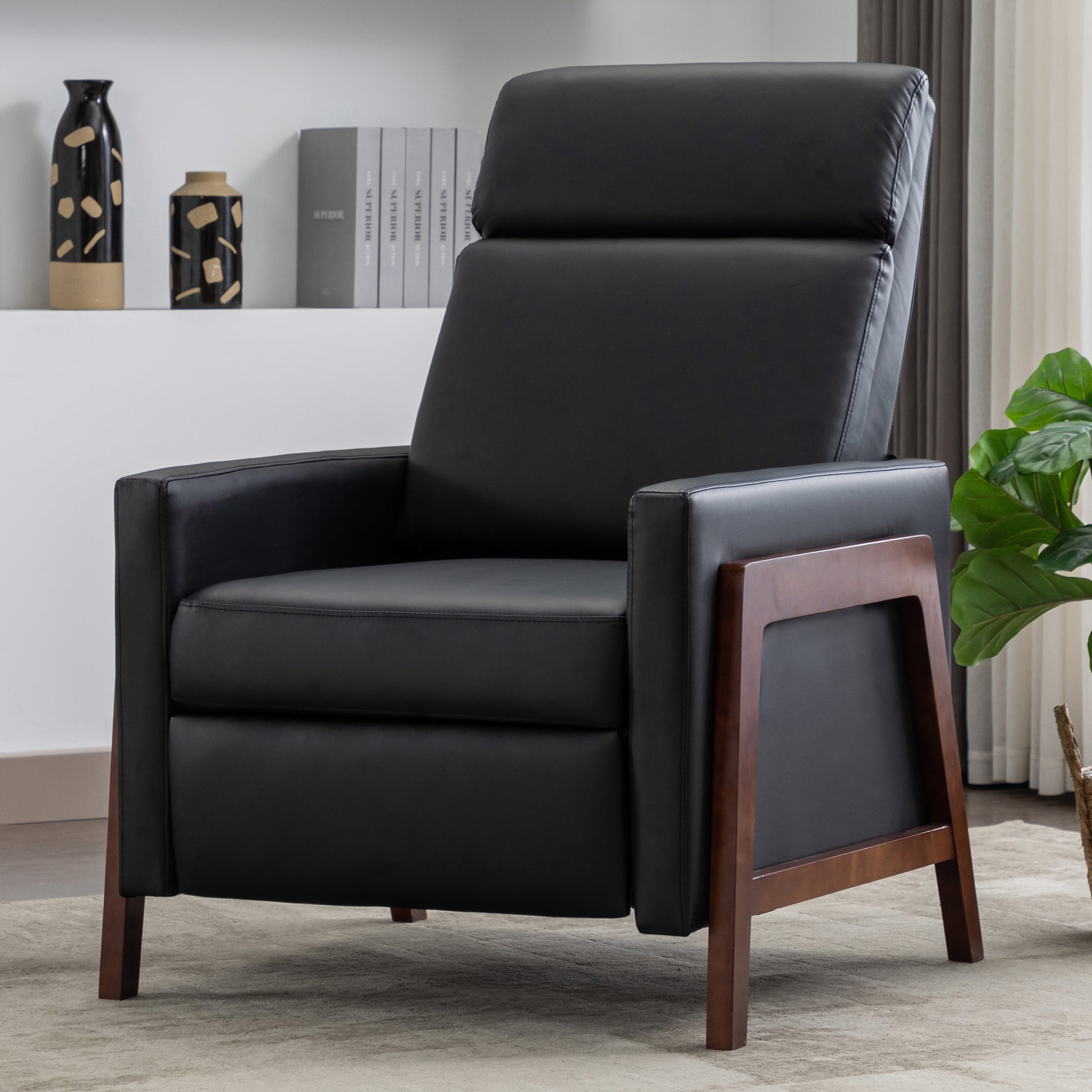 Wood Framed Pu Leather Recliner Chair Adjustable Home Theater Seating With Thick Seat Cushion And Backrest Modern Living Room Recliners, Black Old Sku:Pp289527Aab Black Pu Pu