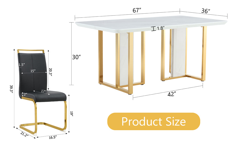 Table And Chair Set.67"X36" White Marble Pattern Mdf Dining Table Set With 8 Black Pu Chairs.Mdf Sticker,White Marble Pattern Sticker,Gold C Tube Chair Legs,Suitable For Kitchen,Dining Room,Etc.