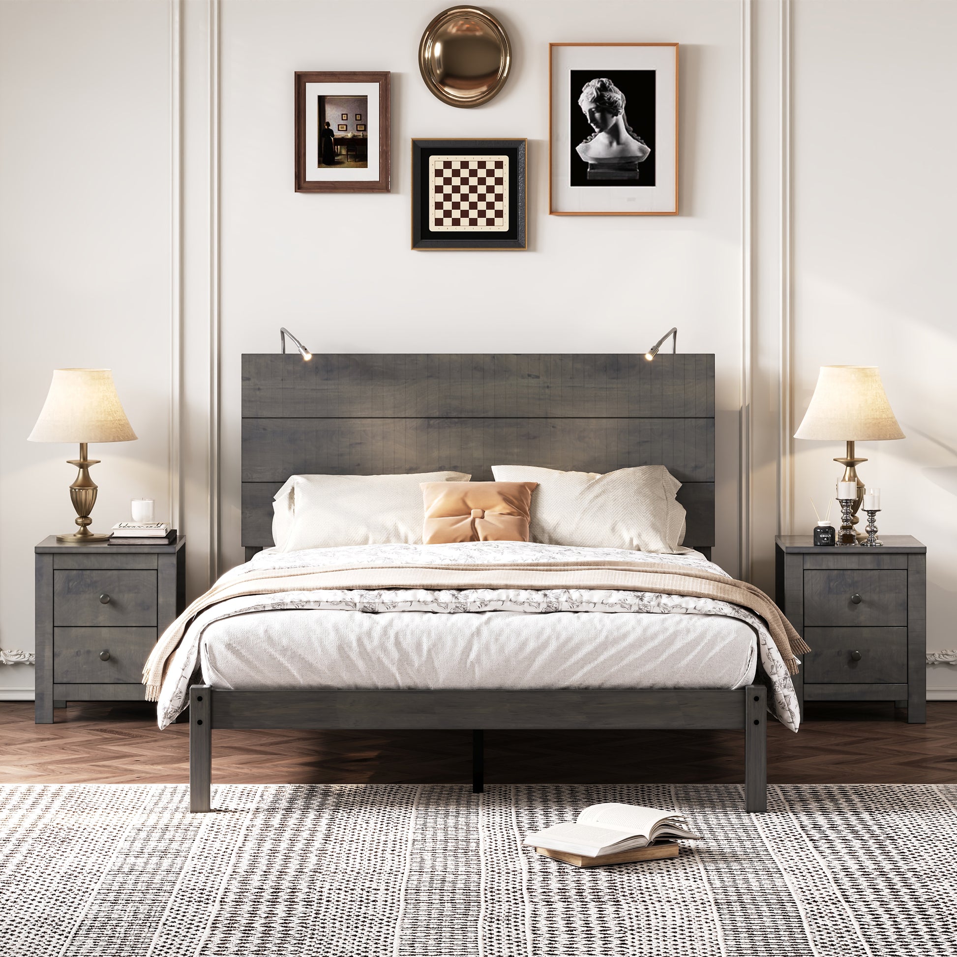 3 Pieces Bedroom Sets, Full Size Farmhouse Platform Bed With Two Bedside Lights, 2 Drawer Nightstand, Antique Gray Full Antique Gray 3 Piece Set Wood