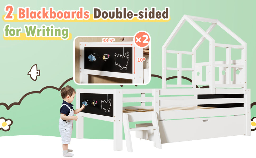 Twin Size House Bed With Ladder And Storage Drawers For Kid Bedroom,Solid Wood Platfrom Bedframe With 2 Blackboard Design, No Box Spring Needed, White Twin White Partice Board Mdf Pine Wood