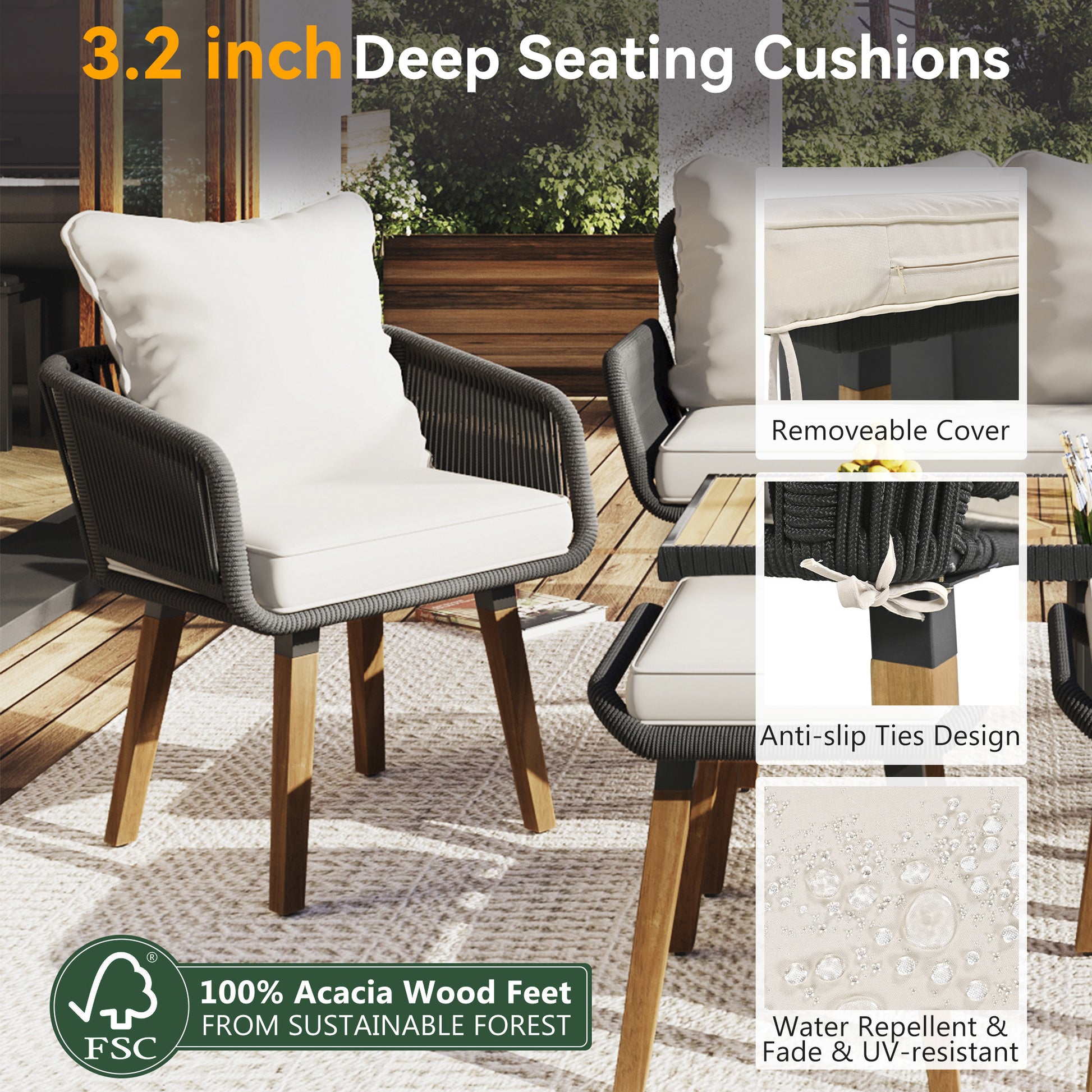 K&K 6 Piece Rope Patio Furniture Set, Outdoor Furniture With Acacia Wood Cool Bar Table With Ice Bucketdeep Seat Patio Conversation Set With Two Stools For Backyard Porch Balcony Black & Beige Yes Complete Patio Set Beige Black Seats 6 Weather Resistant