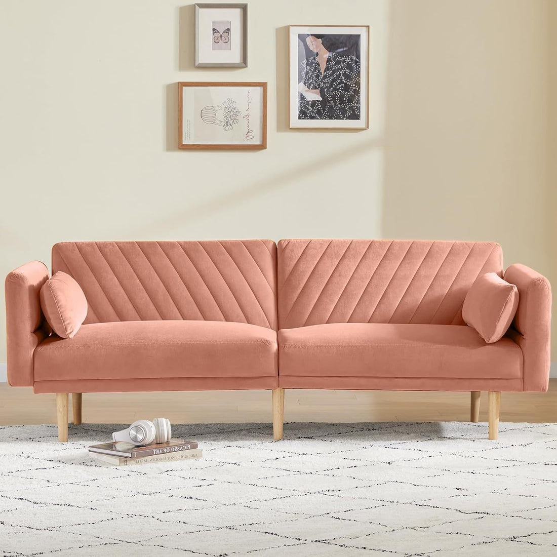 78'' Velvet Futon Sofa Bed, Convertible Sleeper Couch Bed With Adjustable Armrests And Backrest, Loveseat Sleeper Bed With 2 Pillows, Modern Futon Couch For Living Room, Pink Brown Wood Bedroom Heavy Duty Oak 2 Seat Light Pink Velvet Soft Cushion Back