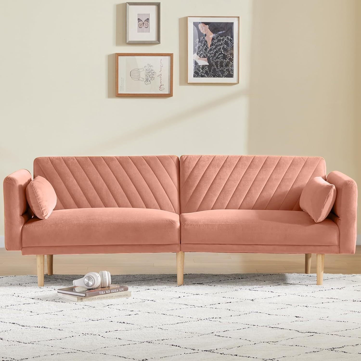 78'' Velvet Futon Sofa Bed, Convertible Sleeper Couch Bed With Adjustable Armrests And Backrest, Loveseat Sleeper Bed With 2 Pillows, Modern Futon Couch For Living Room, Pink Brown Wood Bedroom Heavy Duty Oak 2 Seat Light Pink Velvet Soft Cushion Back