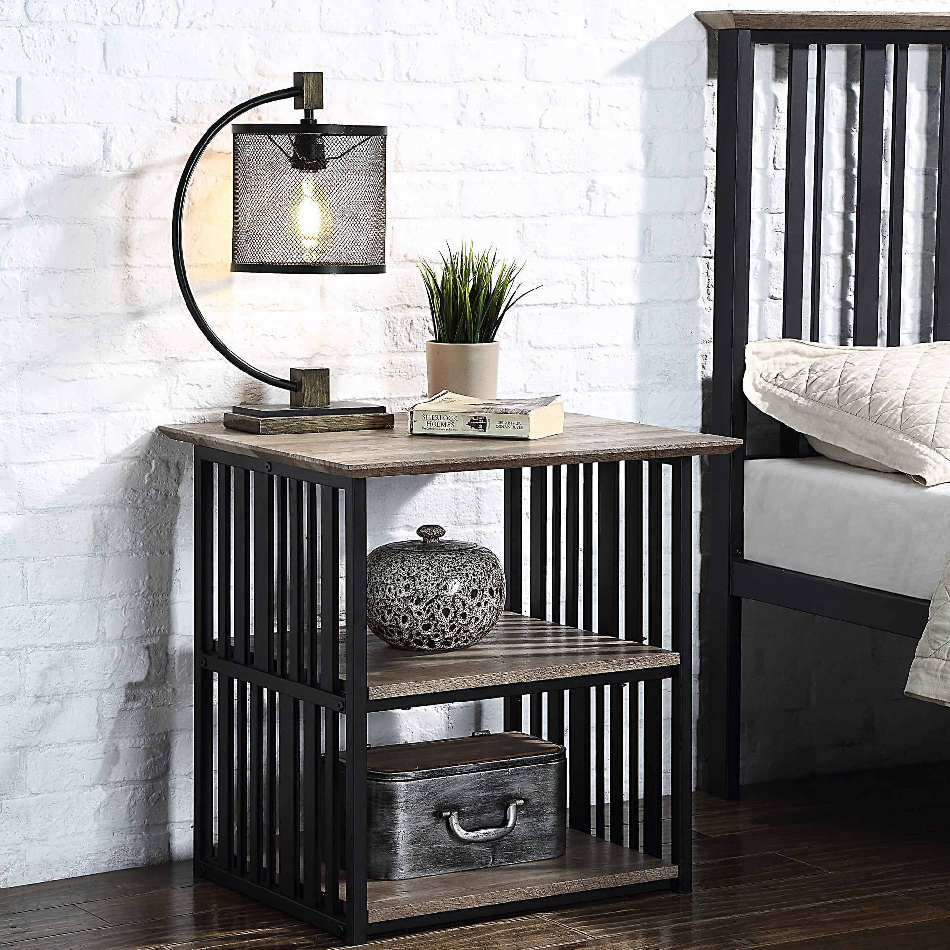 Antique Oak And Black 3 Shelf Nightstand Oak Bedroom Rectangle Industrial,Modern Shelf Oak Wood Metal