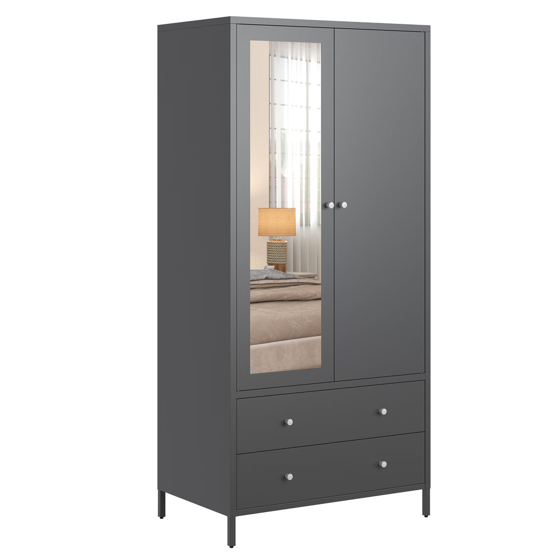 Metal Armoire Wardrobe Closet With 2 Drawers, Mirror Door And Hanging Rod, Metal Clothing Storage Cabinet, Garment Organizer With Magnetic Door Dark Grey Gray Bedroom Retro Steel