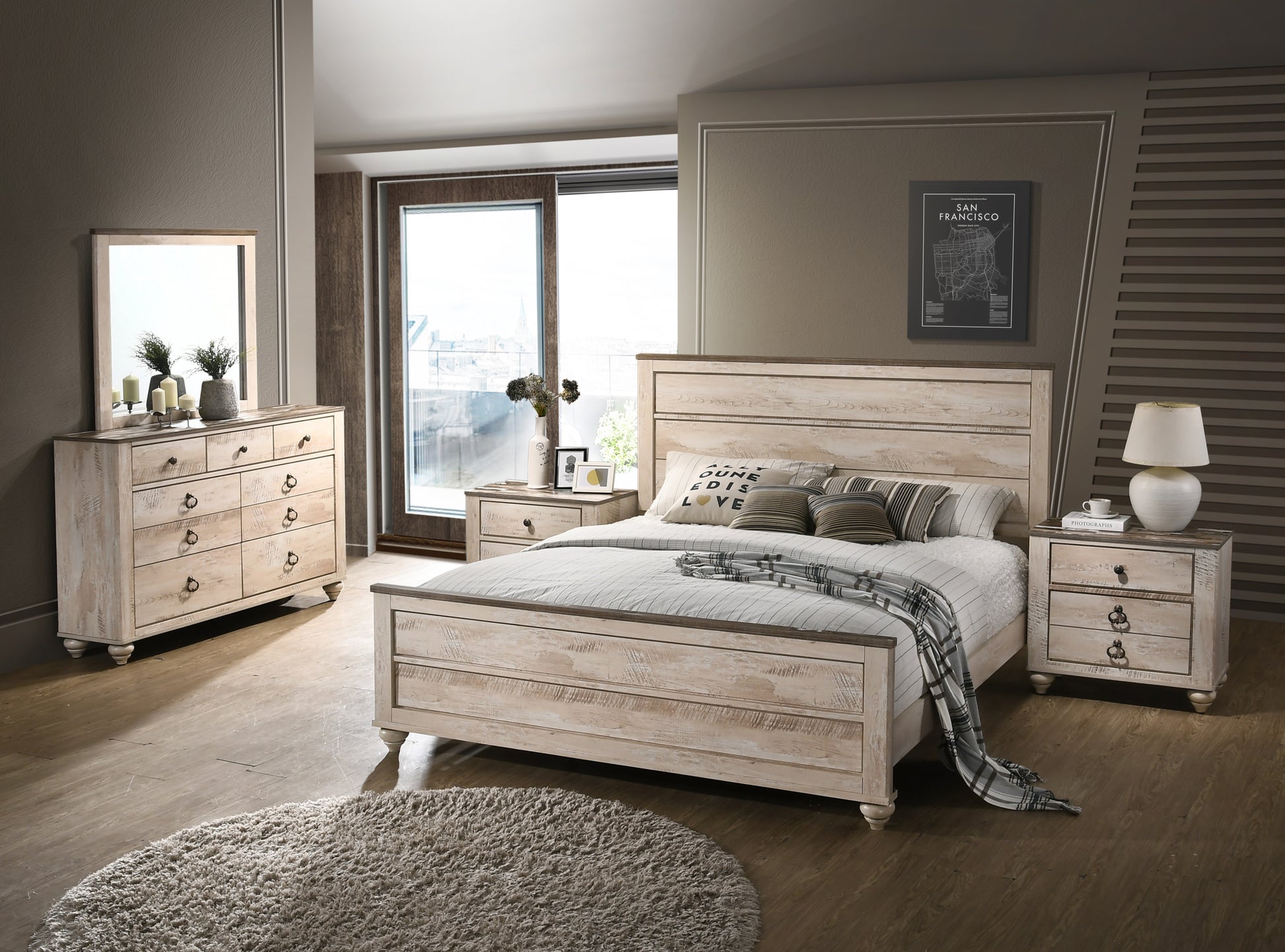 Imerland Contemporary White Wash Finish 5 Piece Bedroom Set Queen Bed, Dresser, Mirror, Nightstands Box Spring Required Queen Walnut Brown Wood Light Brown 5 Piece Set Bedroom Bed Included,Dresser Included,Mirror Included,Nightstand Included
