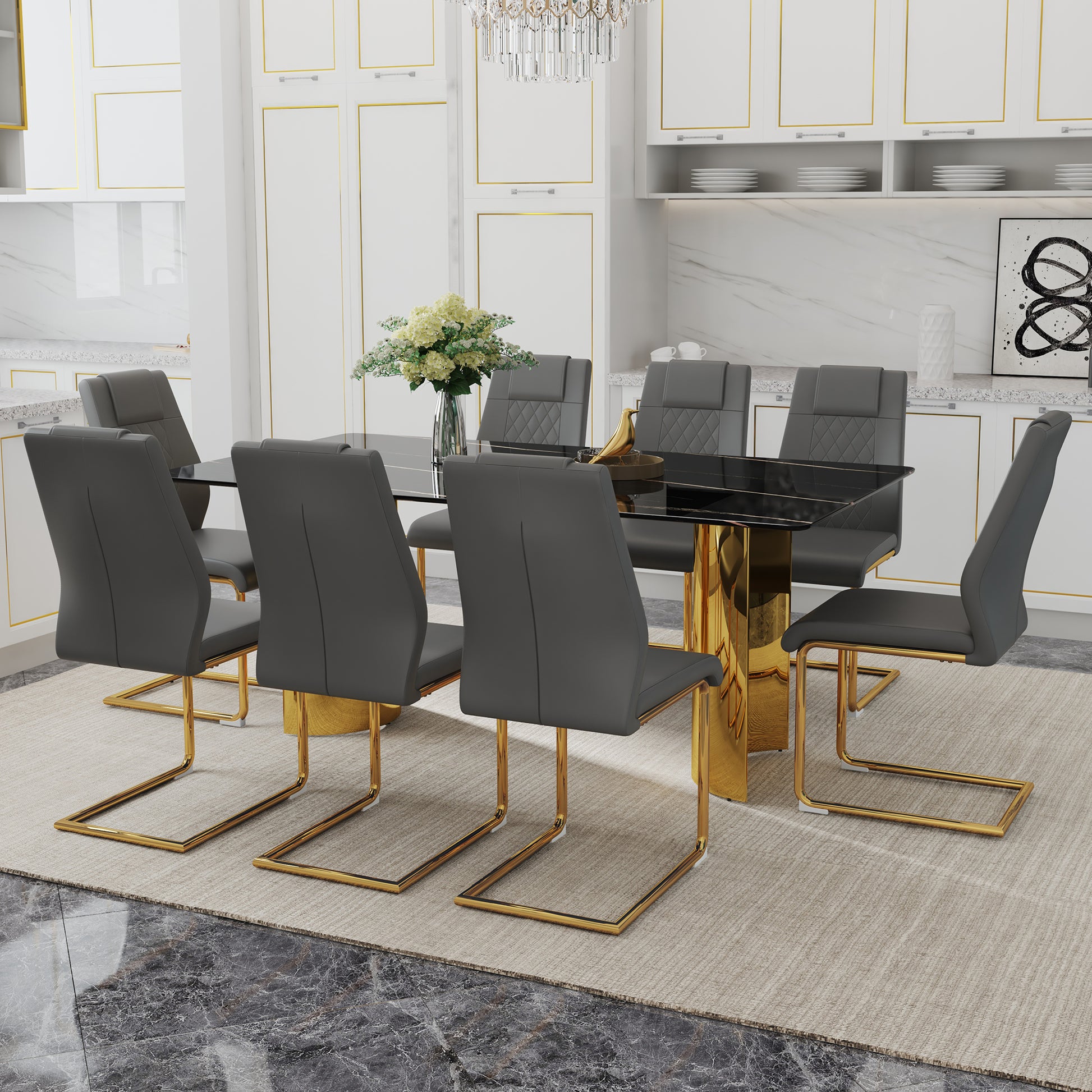 Table And Chair Set.The Table Has A Glass Tabletop With Imitation Marble Pattern Stickers And Stainless Steel Golden Table Legs. Paried With Comfortable Chairs With Pu Seats And Metal Legs. Gold Black Seats 8 Glass Metal