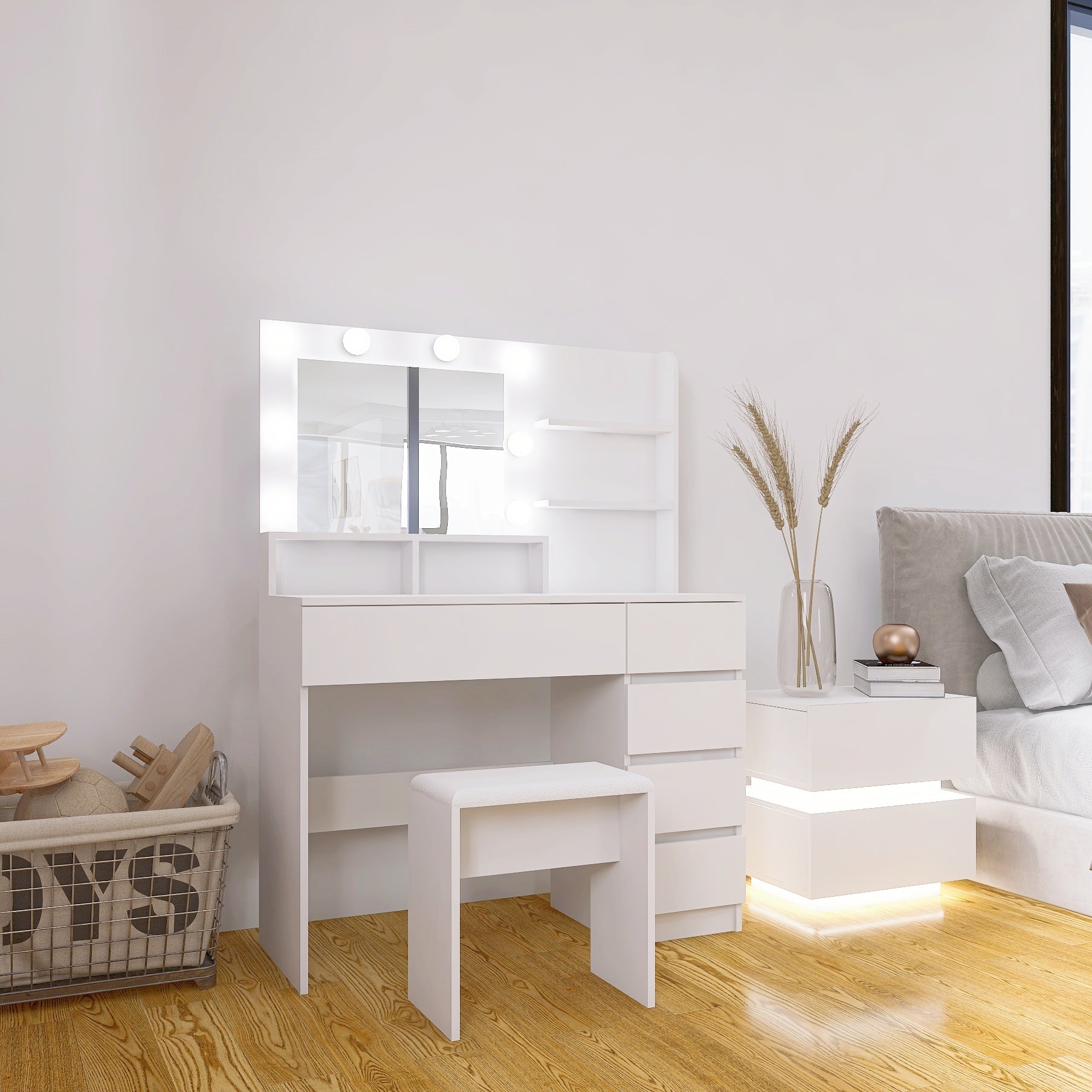 Vanity, Makeup Vanity Desk Set With Mirror & Light, Dressing Table Storage Lots With Power Strip, 3 Lighting Modes With Adjustable Brightness, 37 Inches White With Stool White Drawer 4 Drawers Bedroom Extra Deep Drawers Modern 2 Or Less Mirror Included