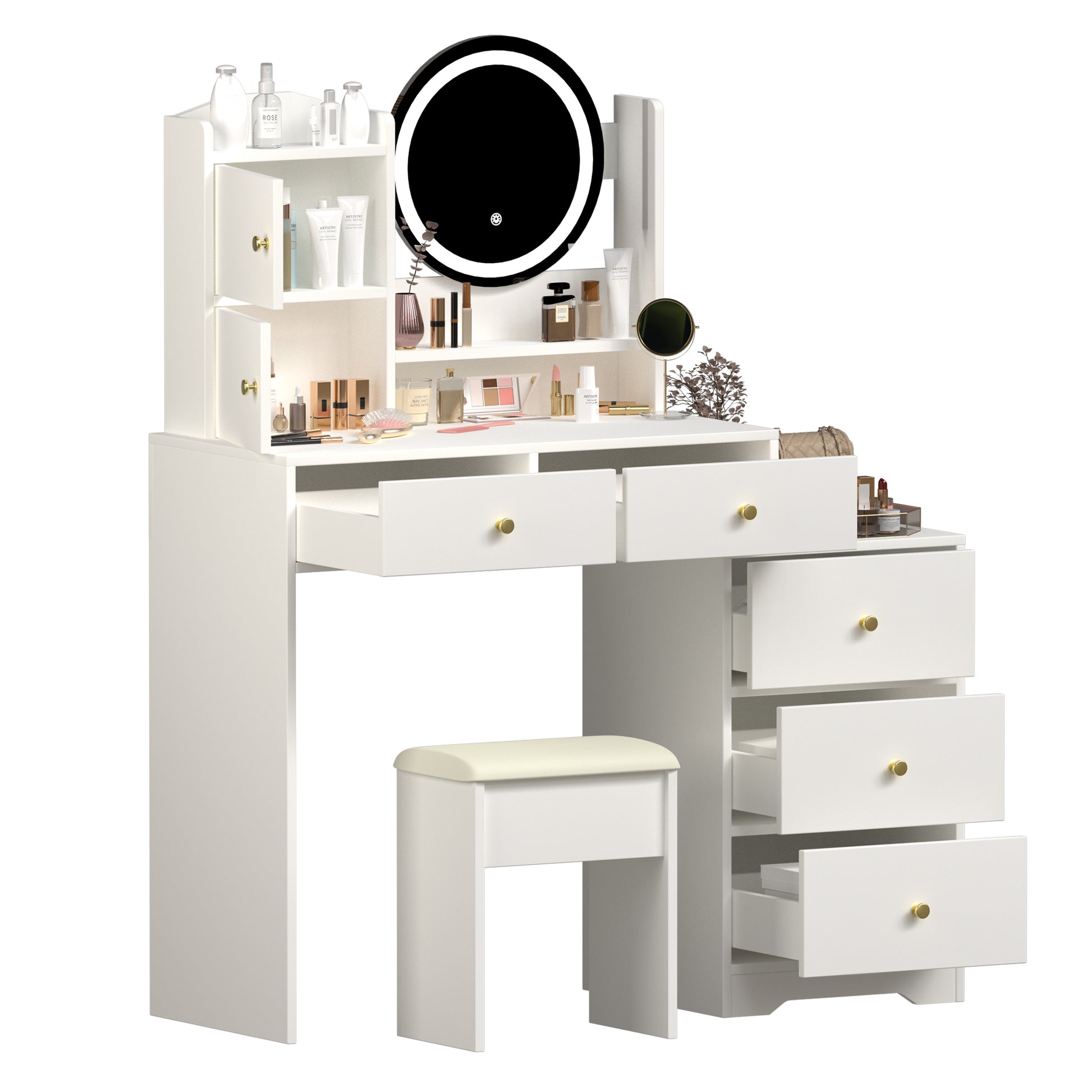 Fashion Vanity Desk With Mirror And Lights For Makeup And Cushioned Chair, Vanity Mirror With Lights And Table Set With 3 Color Lighting Brightness Adjustable,Dressing Table, White Color White