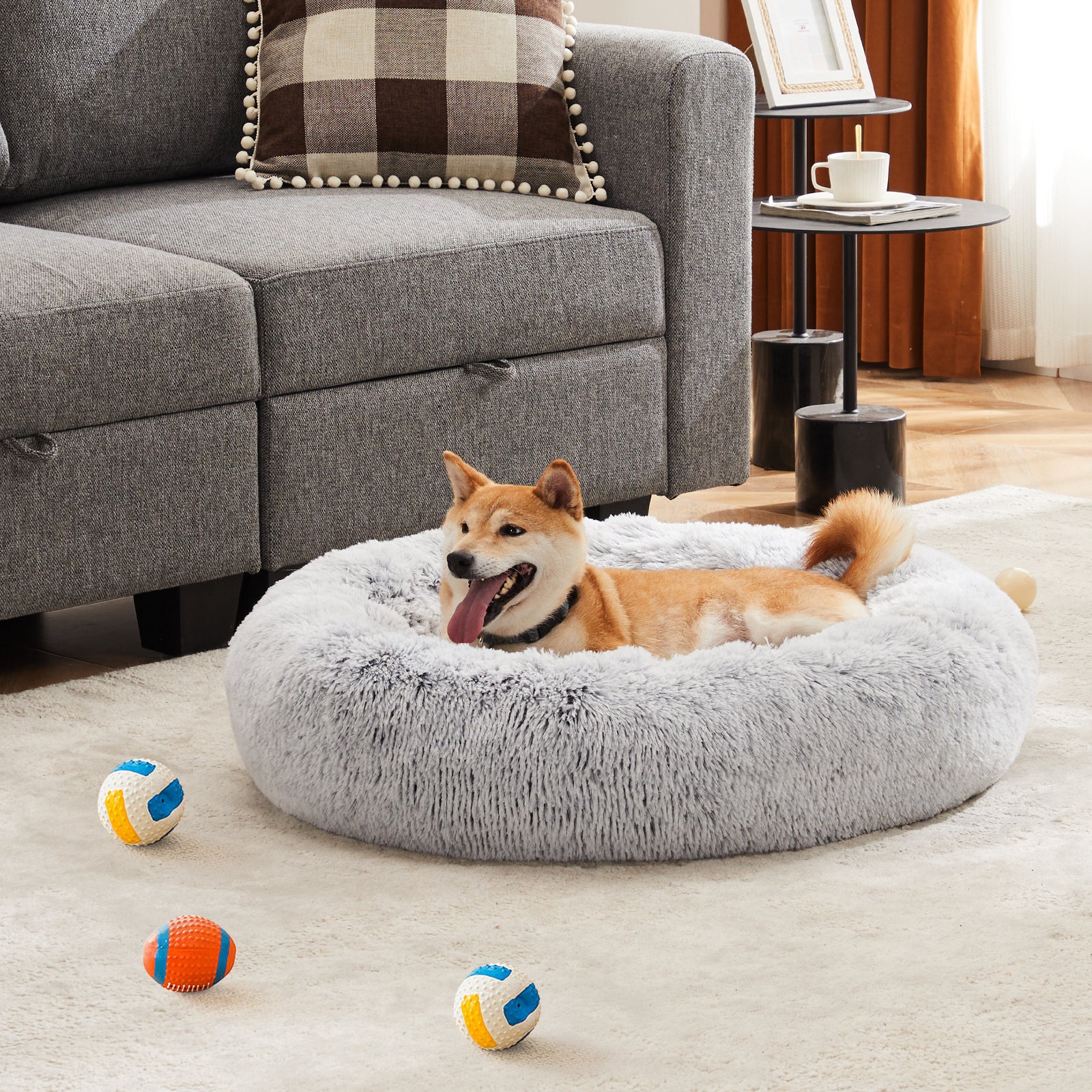 Anti Slip Round Fluffy Plush Faux Fur Cat Bed,Large Gray Gray Fabric