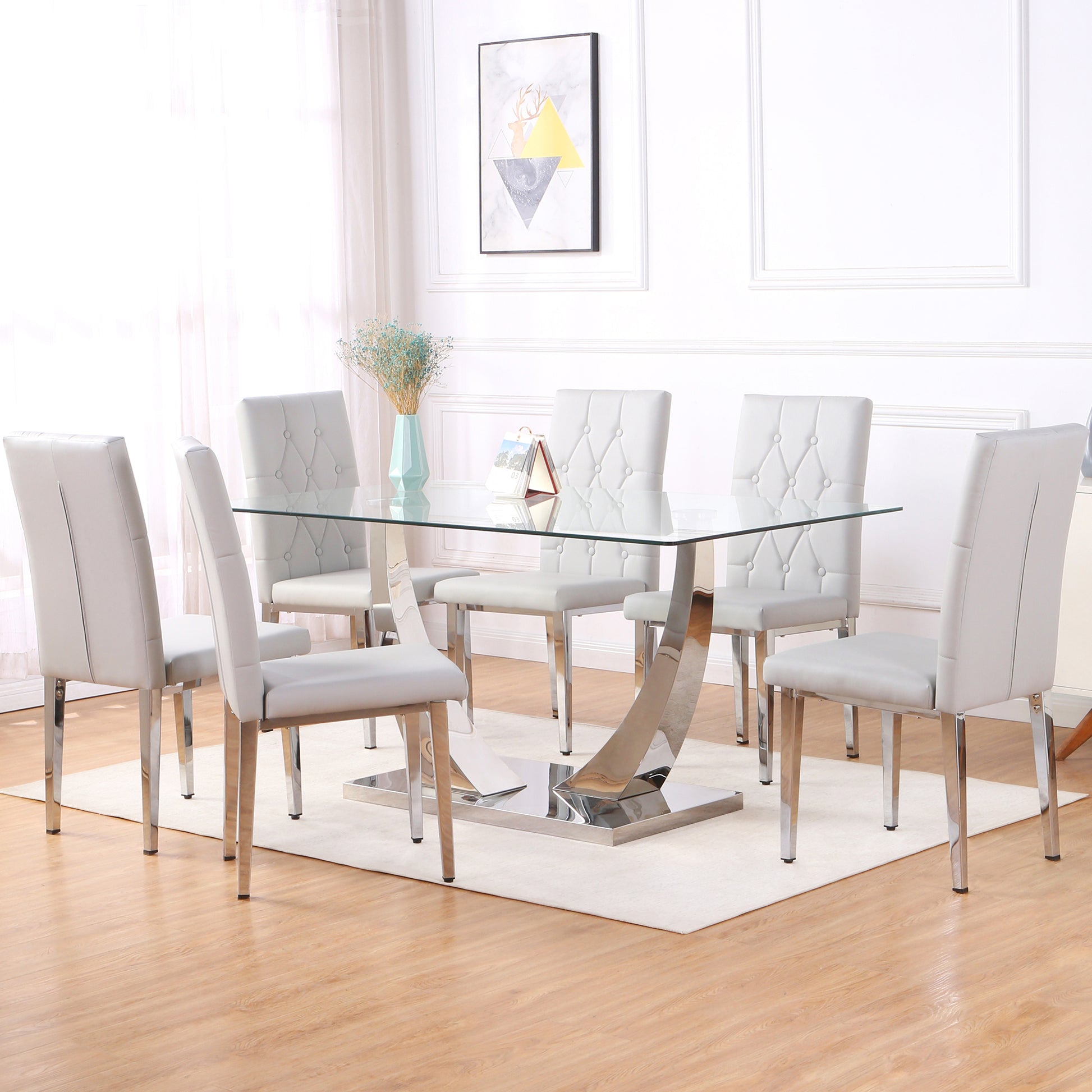 Table And Chair Set, Modern Dining Table, Tempered Glass Tabletop And Silver Colored Leg Table, Soft And Comfortable Dining Chair, Perfect For Dinner, Meetings, Home And Office Decor Gray Seats 6 Glass