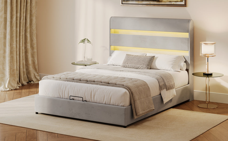 Upholstered Platform Queen Size Hydraulic Storage Bed, Lift Up Storage Bed With Rgb Led Light Headboard, No Box Spring Needed,Velvet,Gray Queen Gray Velvet Wood Metal