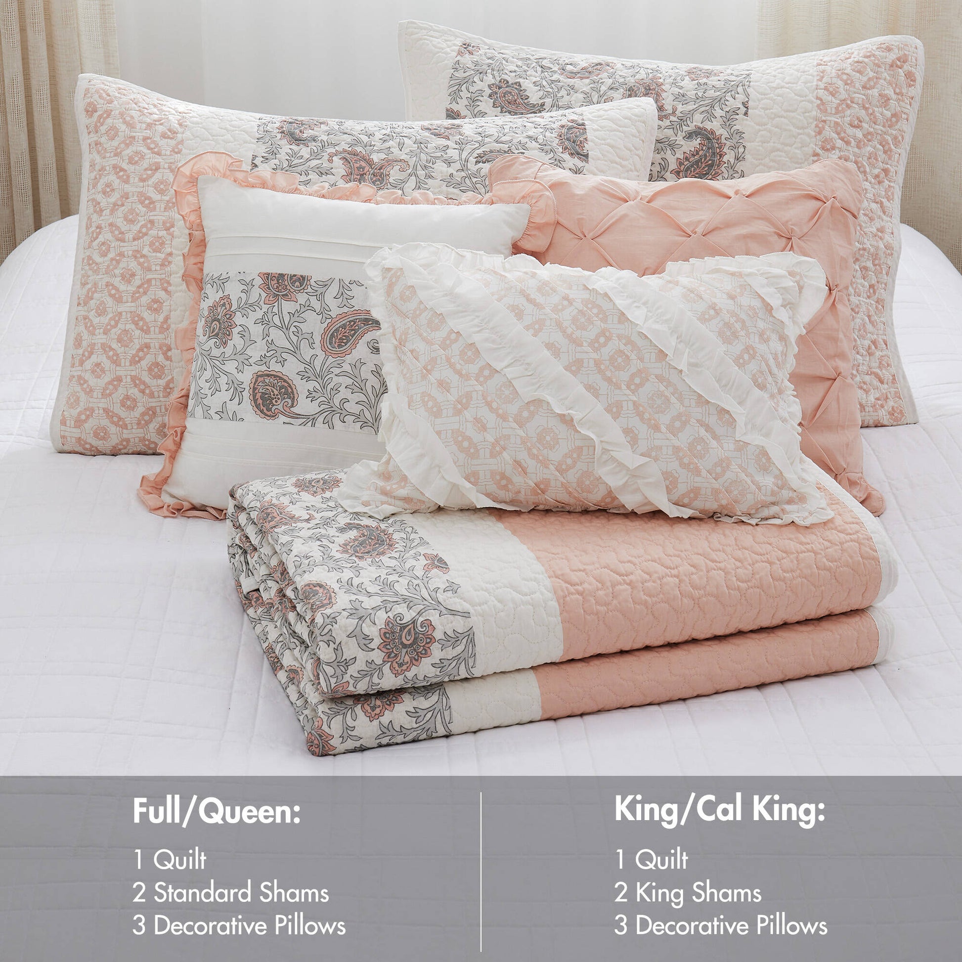 6 Piece Cotton Percale Quilt Set With Throw Pillows Blush Full Queen Full Blush Polyester