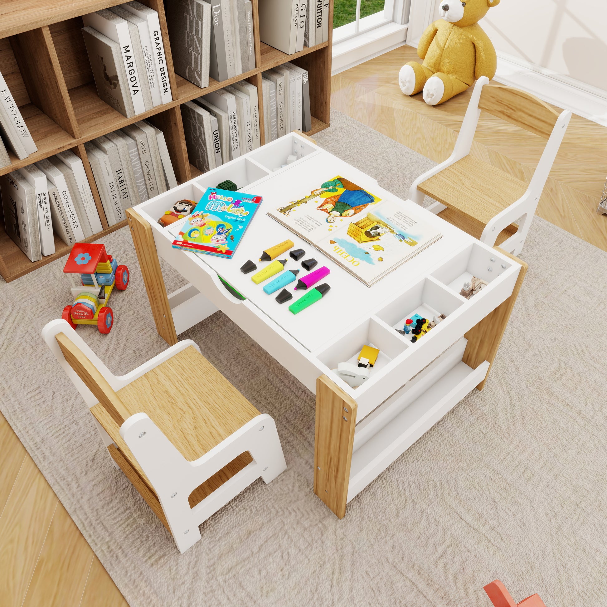 Kids 2 In 1 Play Table & 2 Chairs Set,With 7 Storage Compartments,Compatible With Lego Building Block,Modern Activity Learning Table Game Furniture White White Green Mdf