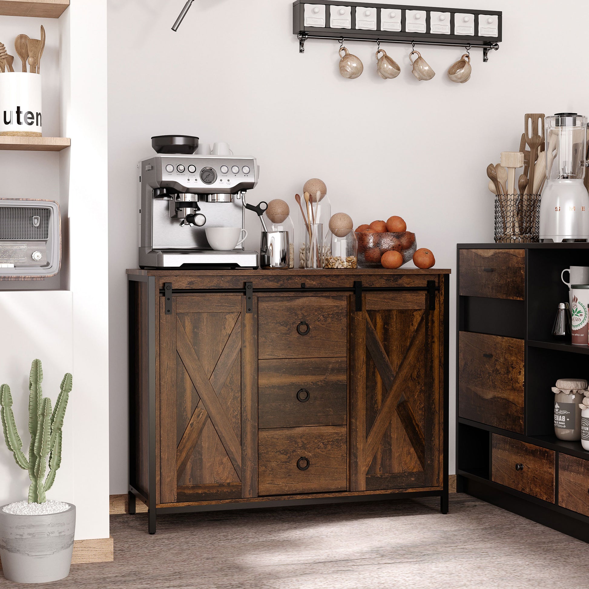 Homcom Industrial Farmhouse Buffet Cabinet, Kitchen Sideboard With Sliding Barn Doors, Three Drawers And Adjustable Shelves For Living Room, Dining Room, Rustic Brown Rustic Brown Particle Board