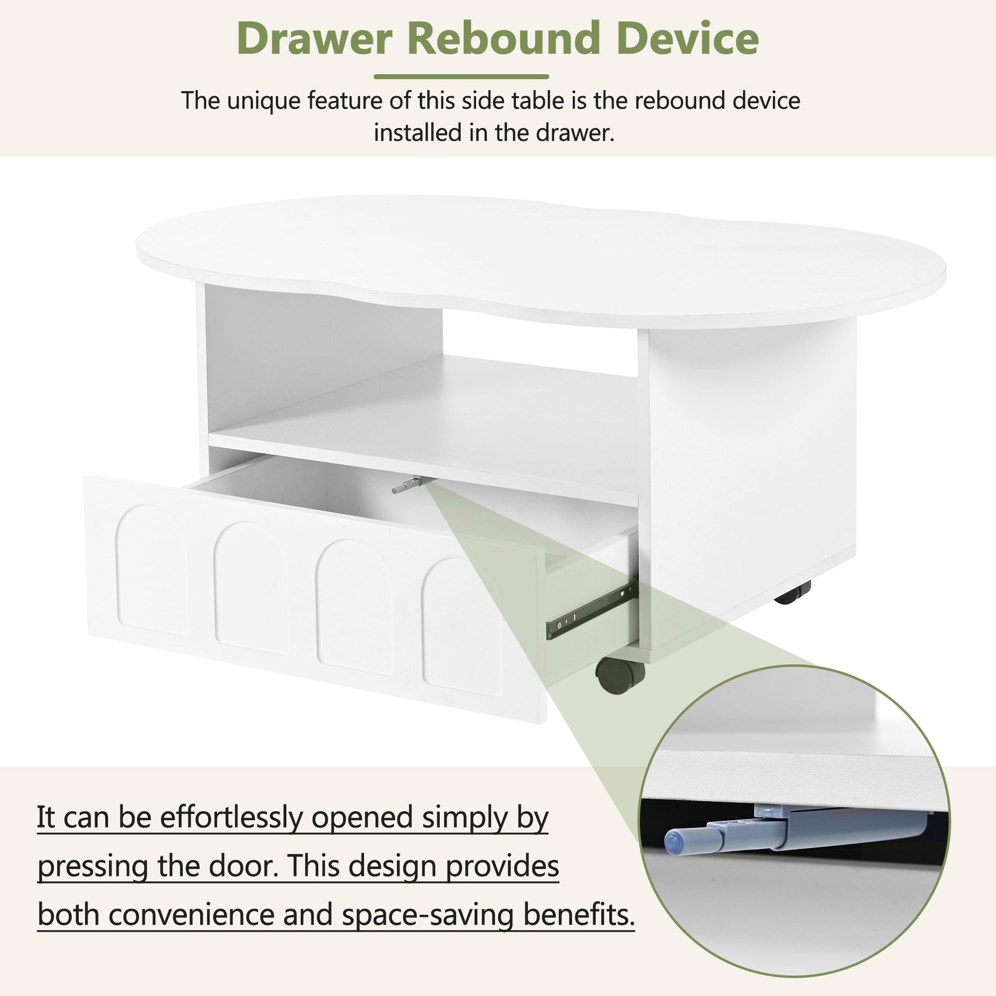 Flexible Cream Style Coffee Table With 2 Brake Wheels, Cloud Top Side Table With Drawer, Irregular Center Table With Large Storage For Living Room, White, 39.37''X 23.6'' White Particle Board