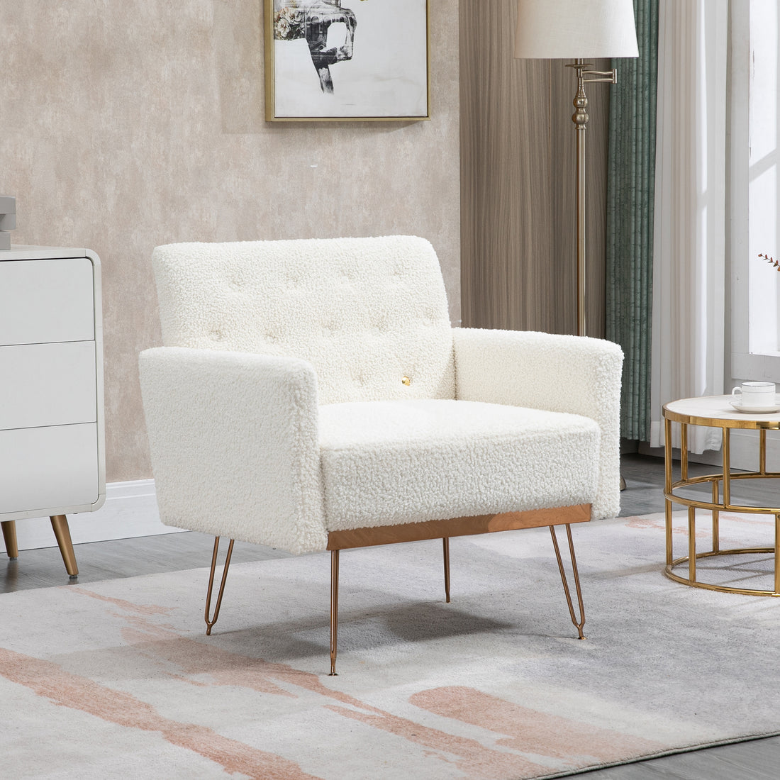 Coolmore Armchair Single Sofa Modern Tufted Upholstered Side Reading Chairs With Arm And Gold Metal Leg For Living Room Bedroom White Teddy White Teddy Foam Teddy