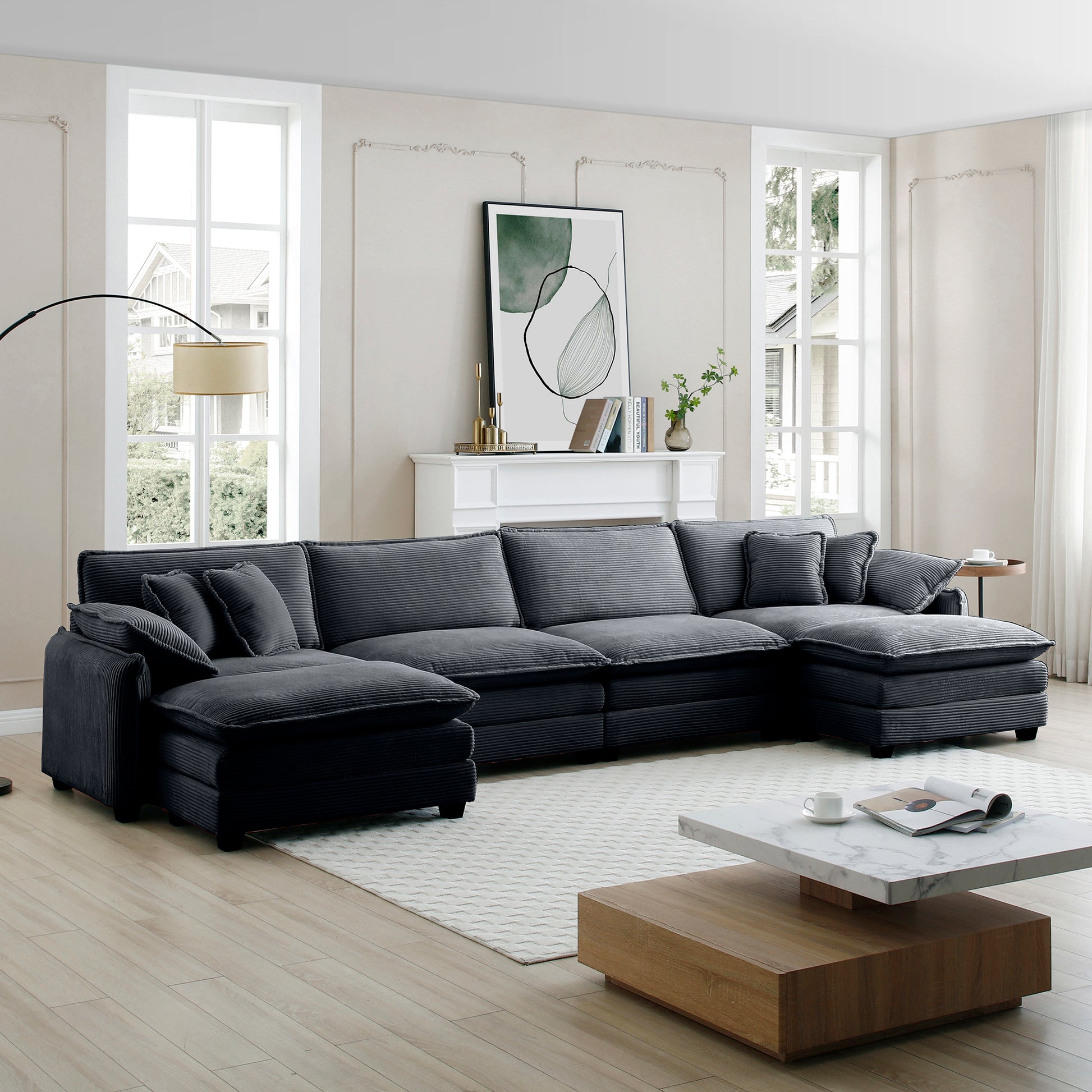 Over Size U Shape Corduroy Sofamodern Upholstered 4 Seater Sofa With 2 Ottomans, Premium Soft Corduroy Fabric Sofa Grey Corduroy 4 Seat