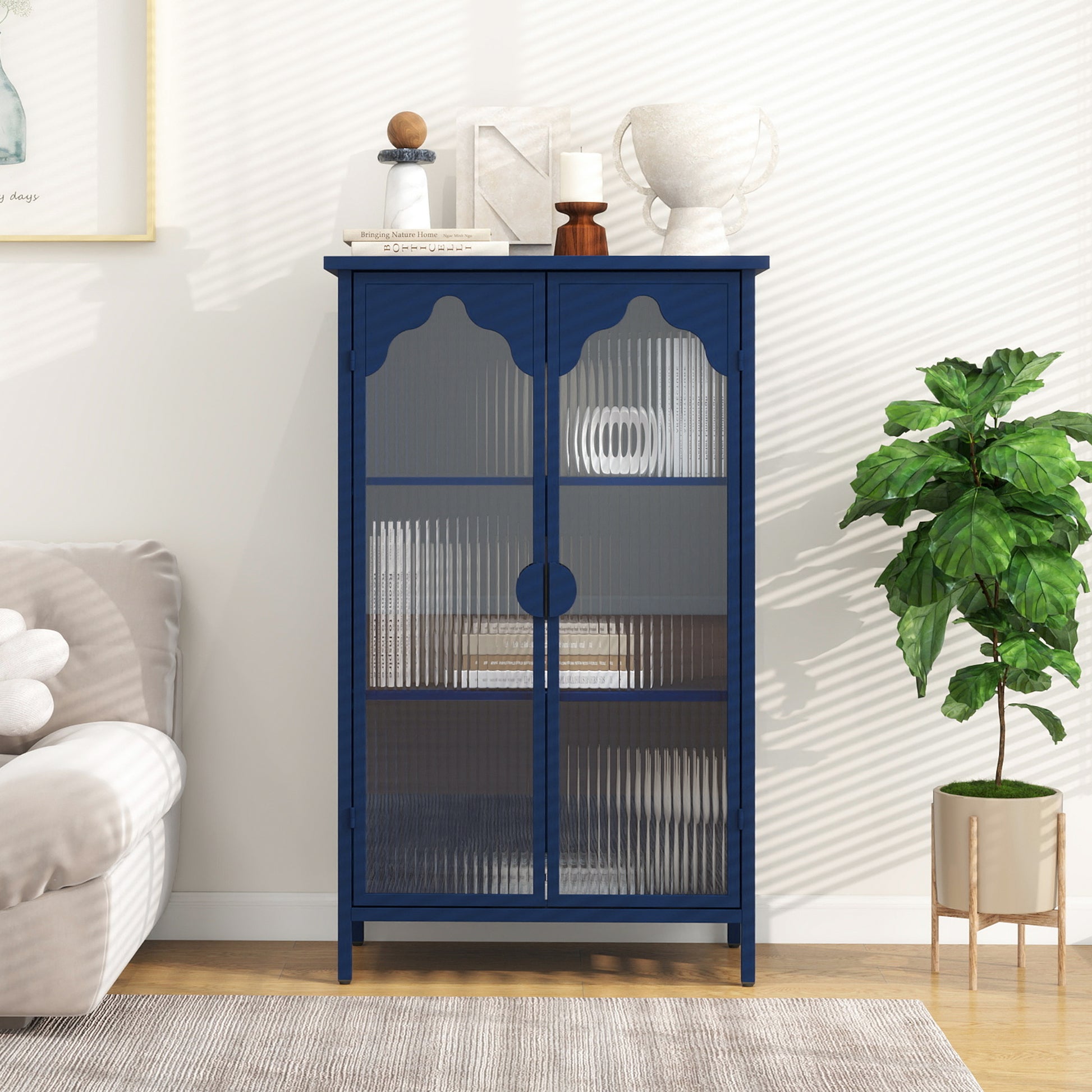 2 Doors Metal Storage Cabinet,Display Cabinet With Glass Doors,Metal Kitchen Sideboard Buffet Cabinet,Glass Storage Cabinet For Dining Room,Living Room,Bedroom Dark Blue Modern Iron