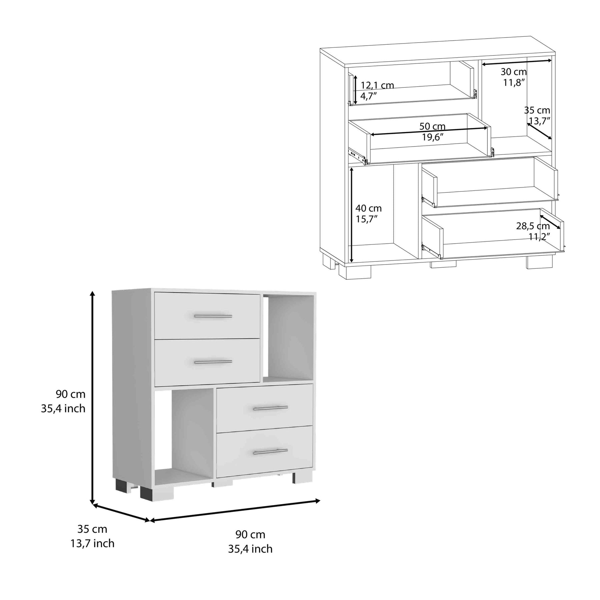 Dresser 35"Htwo Open Shelves, Four Drawers, Metal Handles, White White Particle Board Particle Board