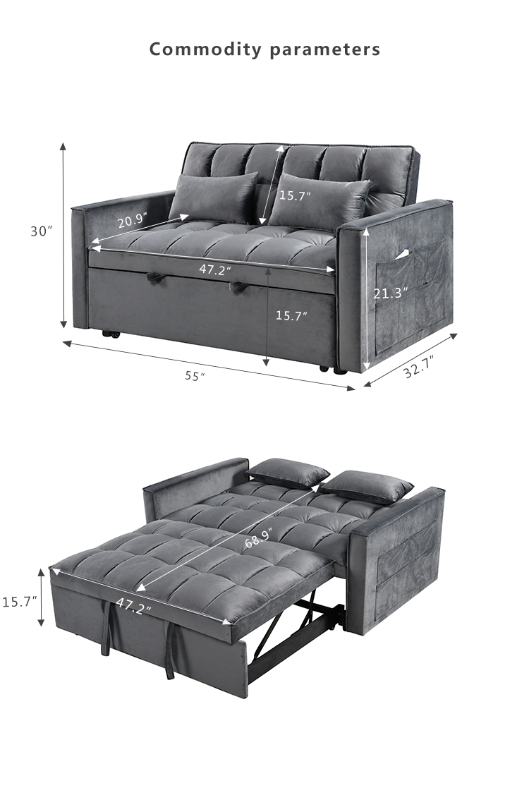 Modern Flannel Double Sofa With Folding Bed, Small Double Sofa With Three In One Convertible Sofa Bed, Adjustable Backrest And Storage Space, Including Pillows, Perfect For Living Room Or Bedroom Twin Grey Solid Wood