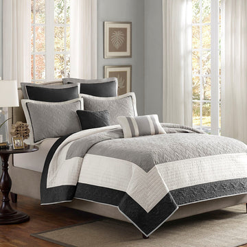 7 Piece Quilt Set With Euro Shams And Throw Pillows Black Full Queen Full Black Cotton