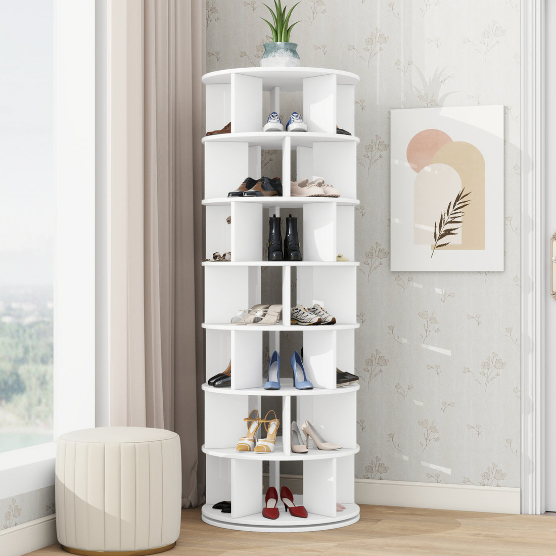 23.6'' Rotating Shoe Rack Tower, 7 Tier Spinning Shoe Shelf With 5 Grids Per Layer, Display Rack, 360 Revolving Shoe Carousel Closet Organizer For Entryway, Living Room, White 7 White Primary Living Space Particle Board