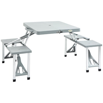 Outsunny Folding Picnic Table With Seats And Umbrella Hole, Portable Camping Chairs Set, 4 Seat, Aluminum Frame, Gray Grey Aluminum