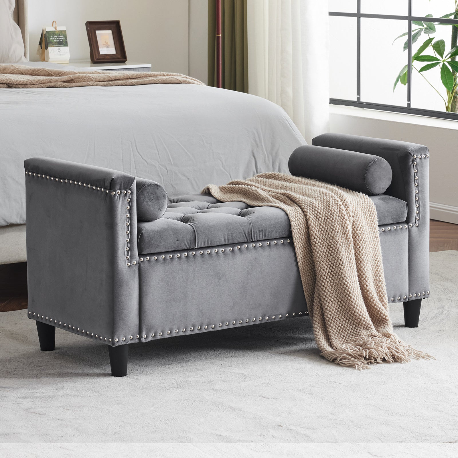 Storage Bench, 44.5 Inch Queen Velvet Button Bedside Bench, Entryway Living Room With Armrests, Trim, Upholstered Bedroom Bench, Bedside Ottoman, Living Room, Entryway, Gray Nailheads Gray White Velvet Primary Living Space Solid Black Modern Wood