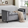 Storage Bench, 44.5 Inch Queen Velvet Button Bedside Bench, Entryway Living Room With Armrests, Trim, Upholstered Bedroom Bench, Bedside Ottoman, Living Room, Entryway, Gray Nailheads Gray White Velvet Primary Living Space Solid Black Modern Wood