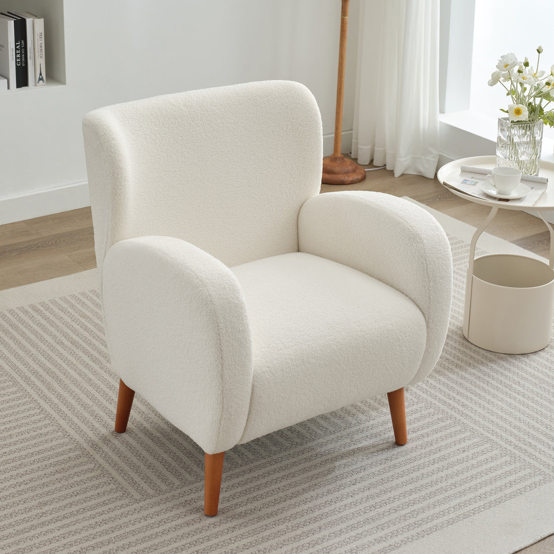 Mirod Modern Wing Back Lounge Chair Stylish Design, Soft Fabric, Solid Wood Legs, Easy Assembly, Durable Frame Beige Boucle
