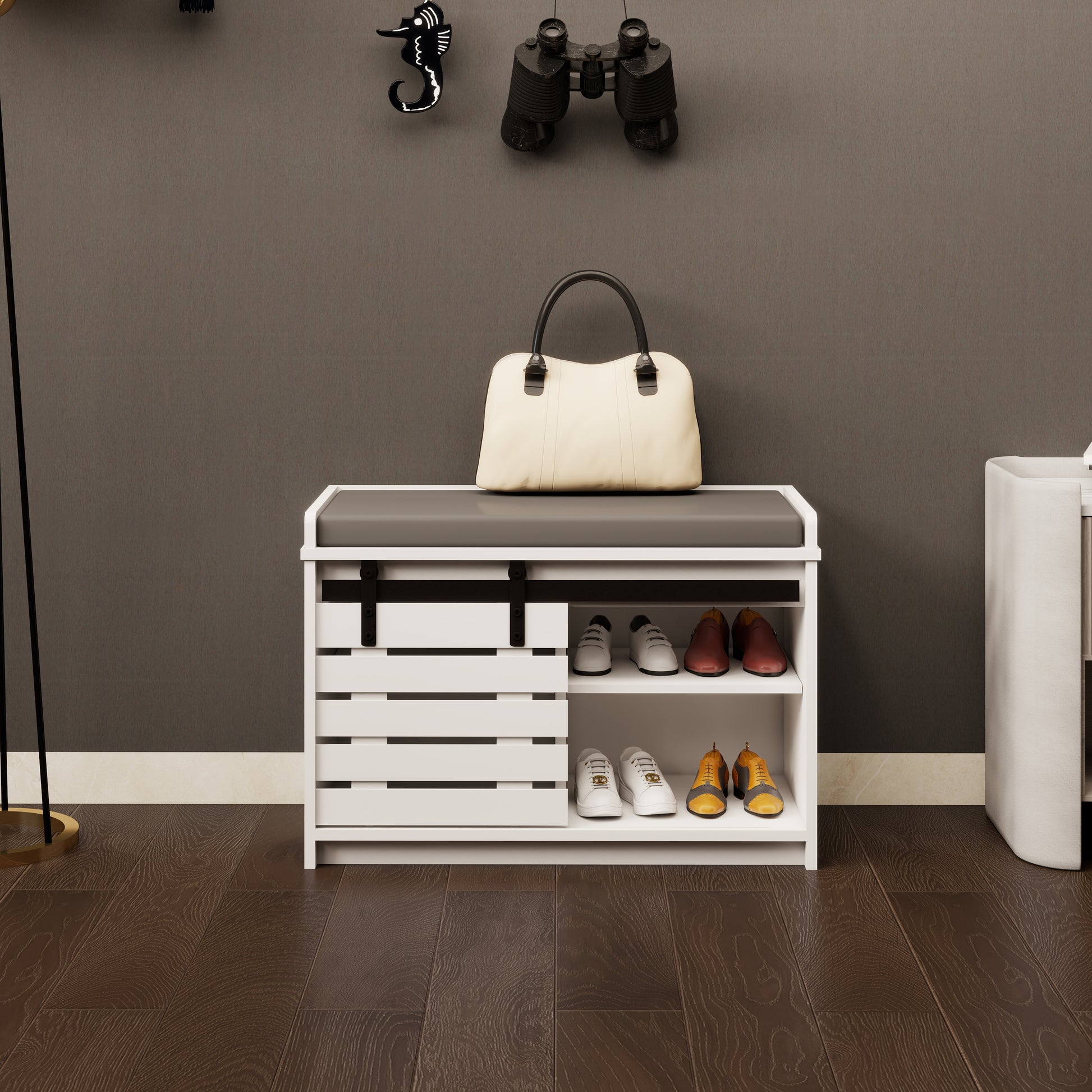 Modern Shoe Storage Bench, 2 Tier Entryway Bench With Sliding Barn Door & 2 Adjustable Shelves & Full Soft Removable Seat Cushion For Entryway, Hallway, Bedroom White White Mdf