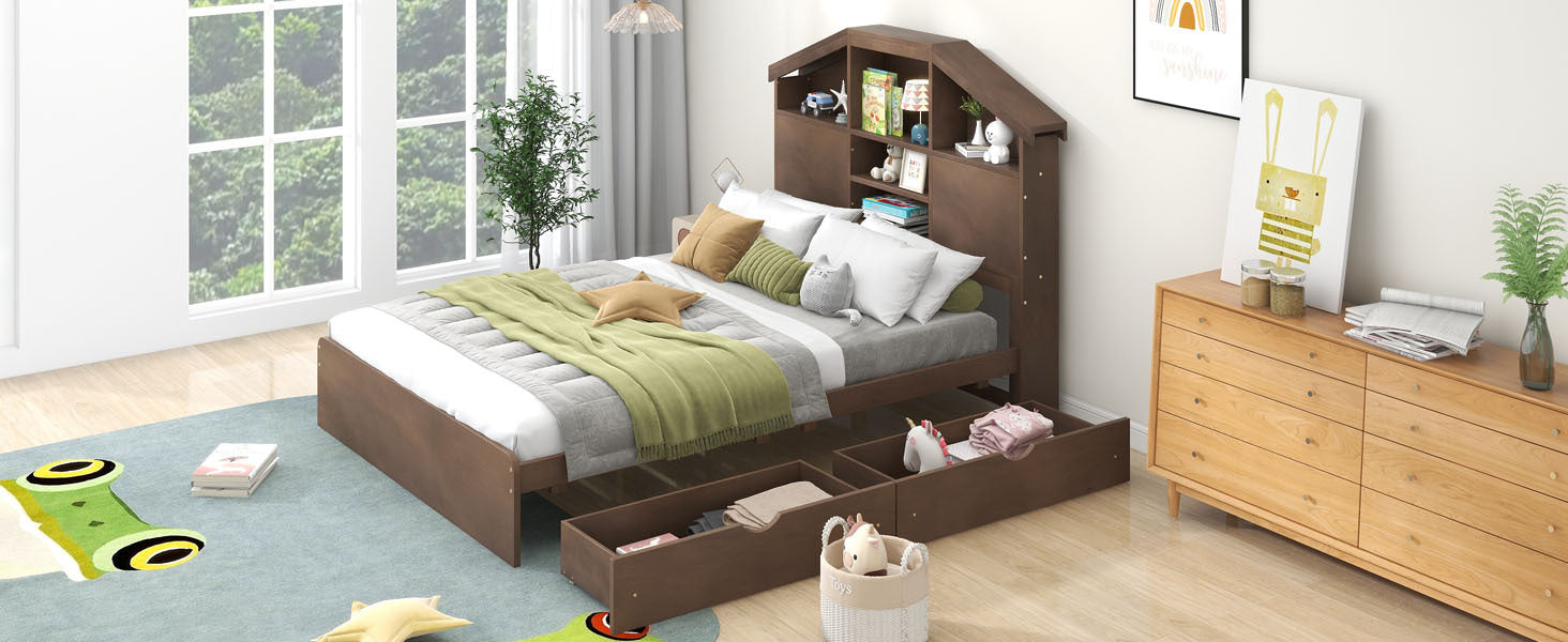 Full Size Wood Platform Bed With House Shaped Storage Headboard And 2 Drawers, Walnut Box Spring Not Required Full Walnut Wood Bedroom Solid Wood Mdf