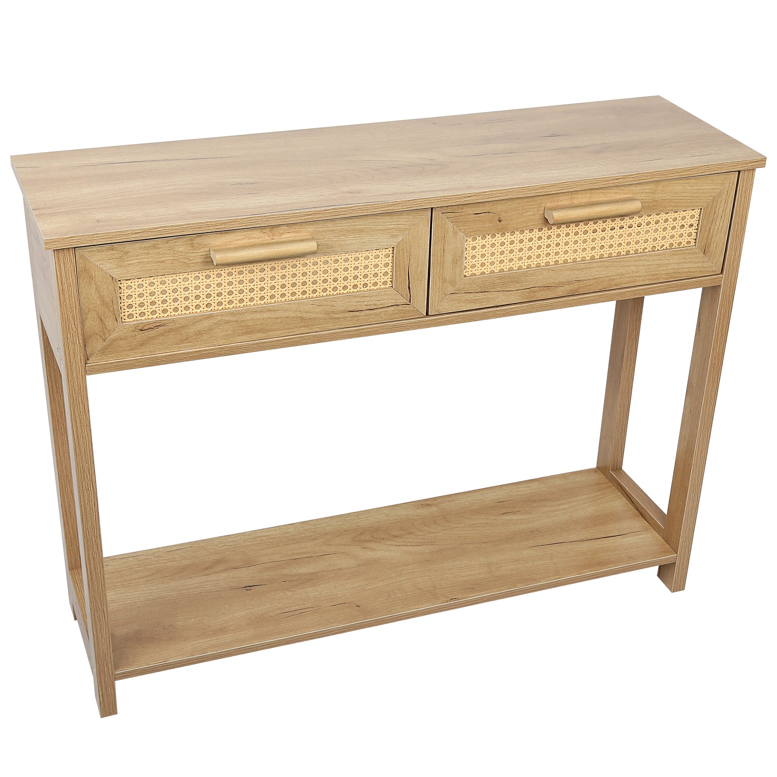 Console Table With 2 Drawers, Sofa Table, Entryway Table With Open Storage Shelf, Narrow Accent Table With Rattan Design For Living Room Entryway Hallway, Natural Color Natural Particle Board