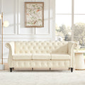 Chesterfield Sofa With Rolled Arms, Classic Button Tufted 3 Seater Couch With Trim, Upholstered Chesterfield Couches With Gourd Wooden Legs, Linen Sofas For Living Room, Bedroom, Beige Brown Wood Bedroom Heavy Duty Oak 3 Seat Beige Linen Soft Cushion