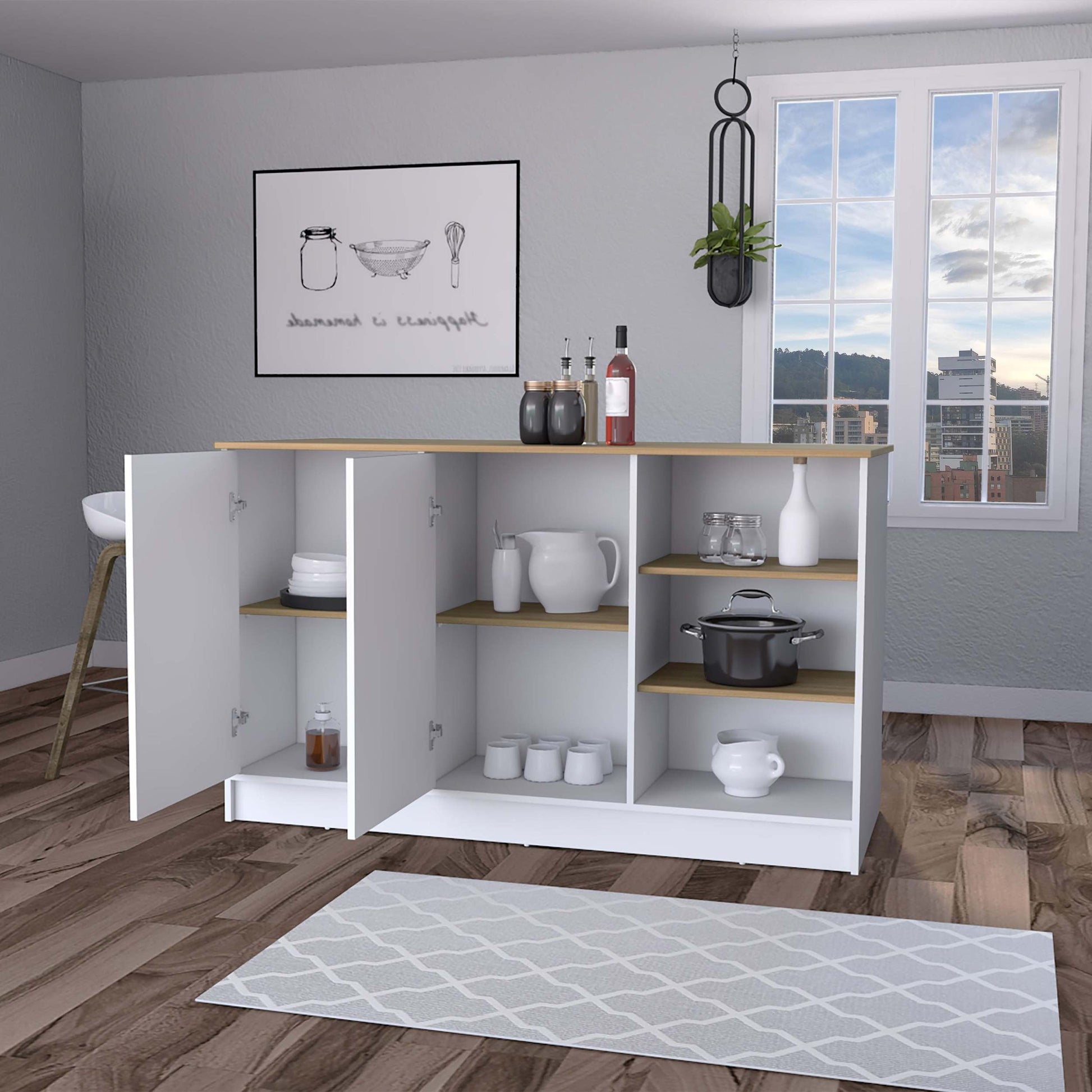 White And Ash 2 Door Kitchen Island With 3 Open Shelves White Kitchen Kitchen Carts Melamine