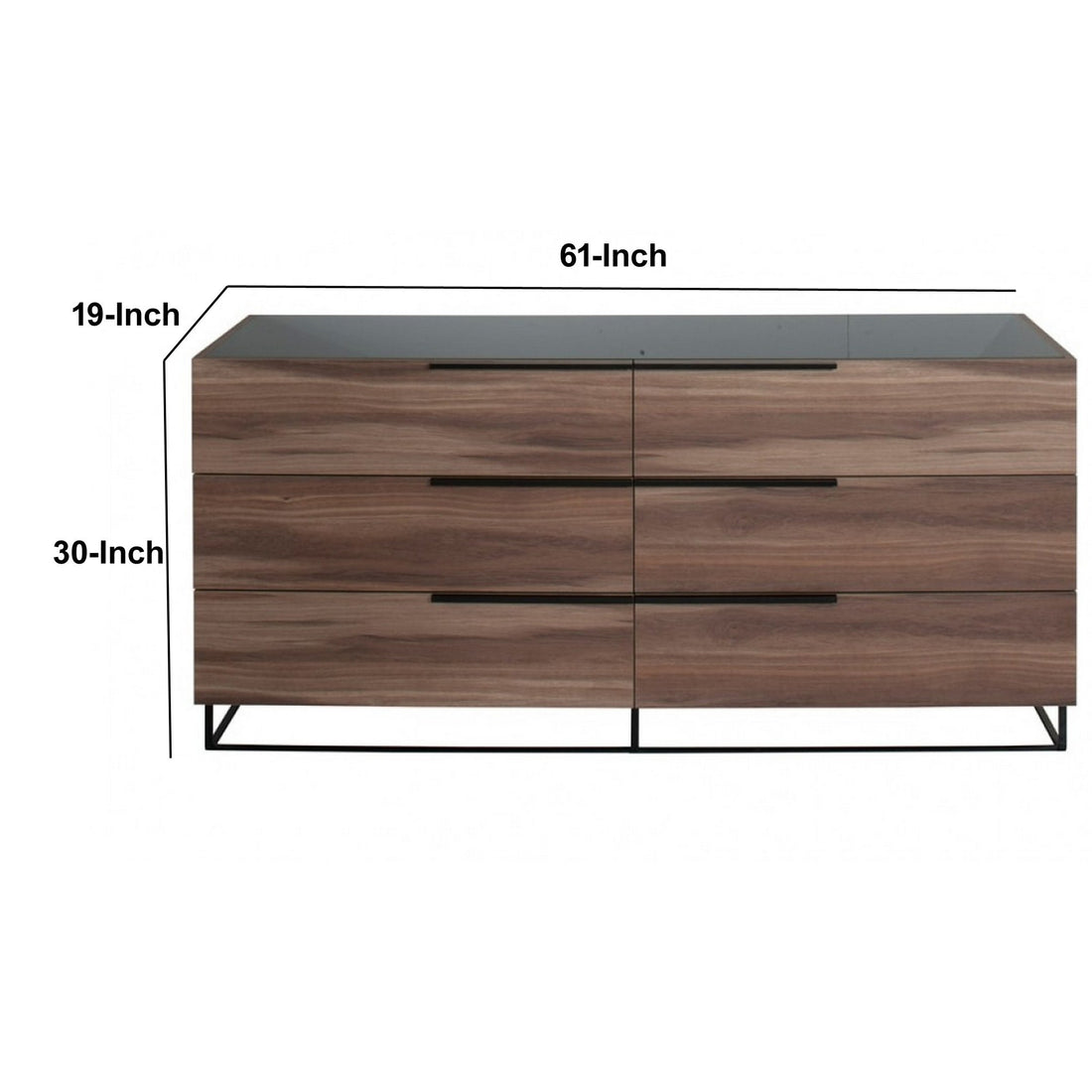 6 Drawer Wooden Dresser With Horizontal Metal Pulls, Brown Brown Wood